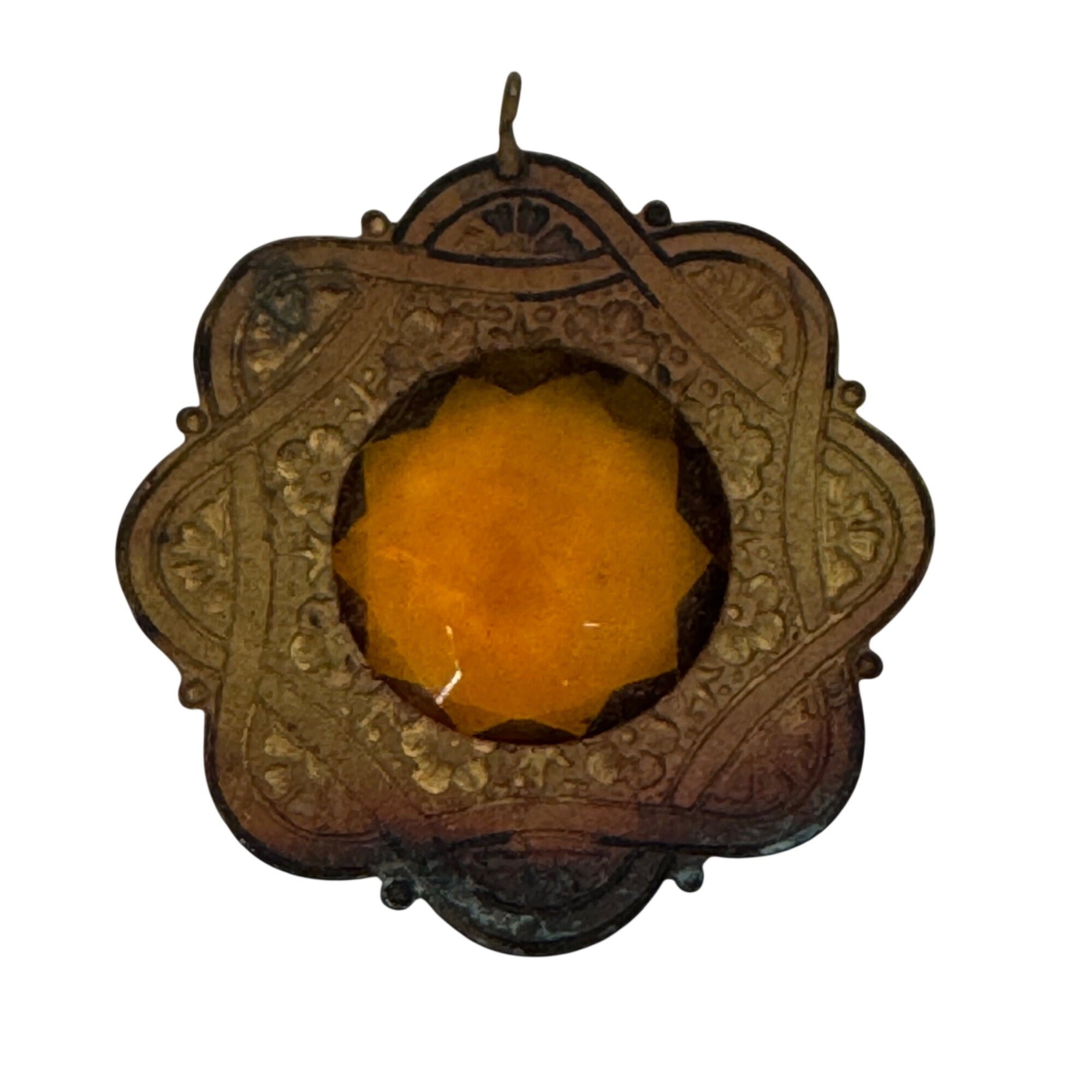 Antique Brass Pendant Amber Glass Gemstone Ornate Filigree 1.5" Art Deco READ