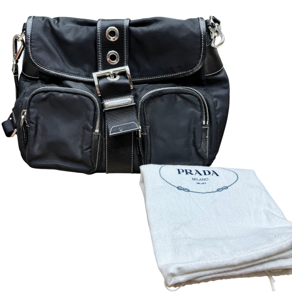 Prada Messenger Bag Black Nylon Saffiano Vela Purse Handbag w/ Dustbag Tessuto