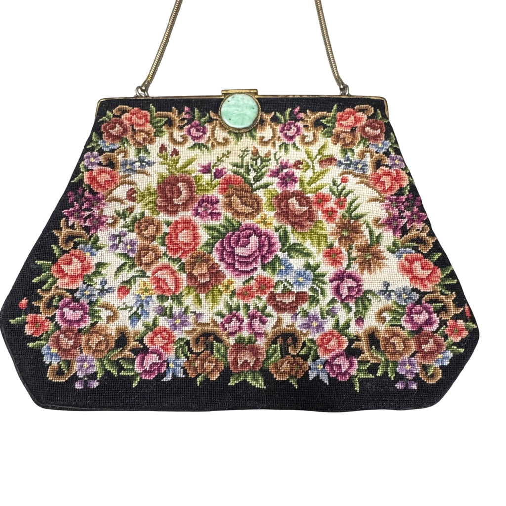 Vintage Floral Needlepoint Handbag Flowers Tapestry Metal Frame & Clasp Closure