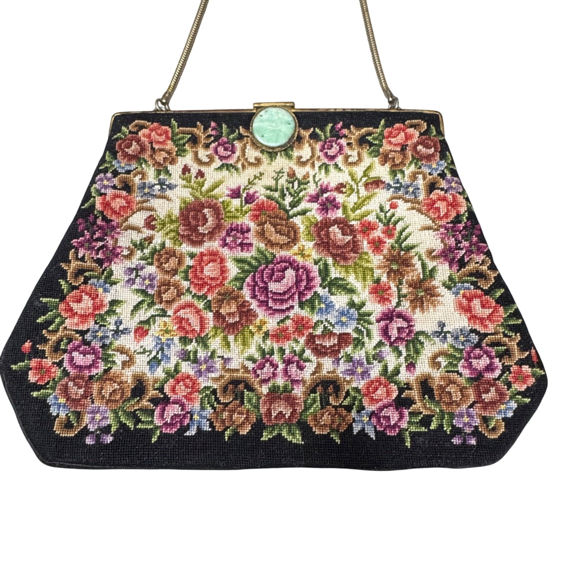 Vintage Floral Needlepoint Handbag Flowers Tapestry Metal Frame & Clasp Closure