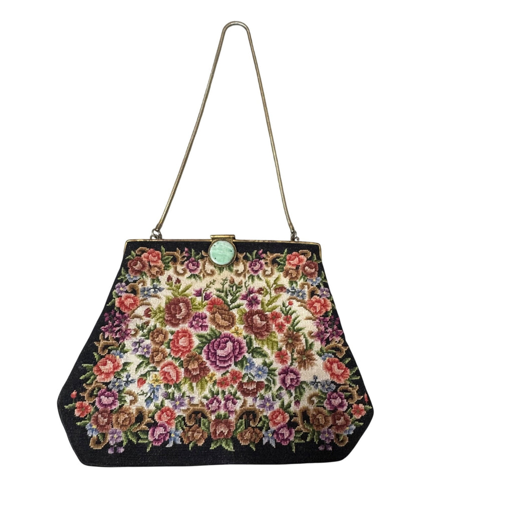 Vintage Floral Needlepoint Handbag Flowers Tapestry Metal Frame & Clasp Closure