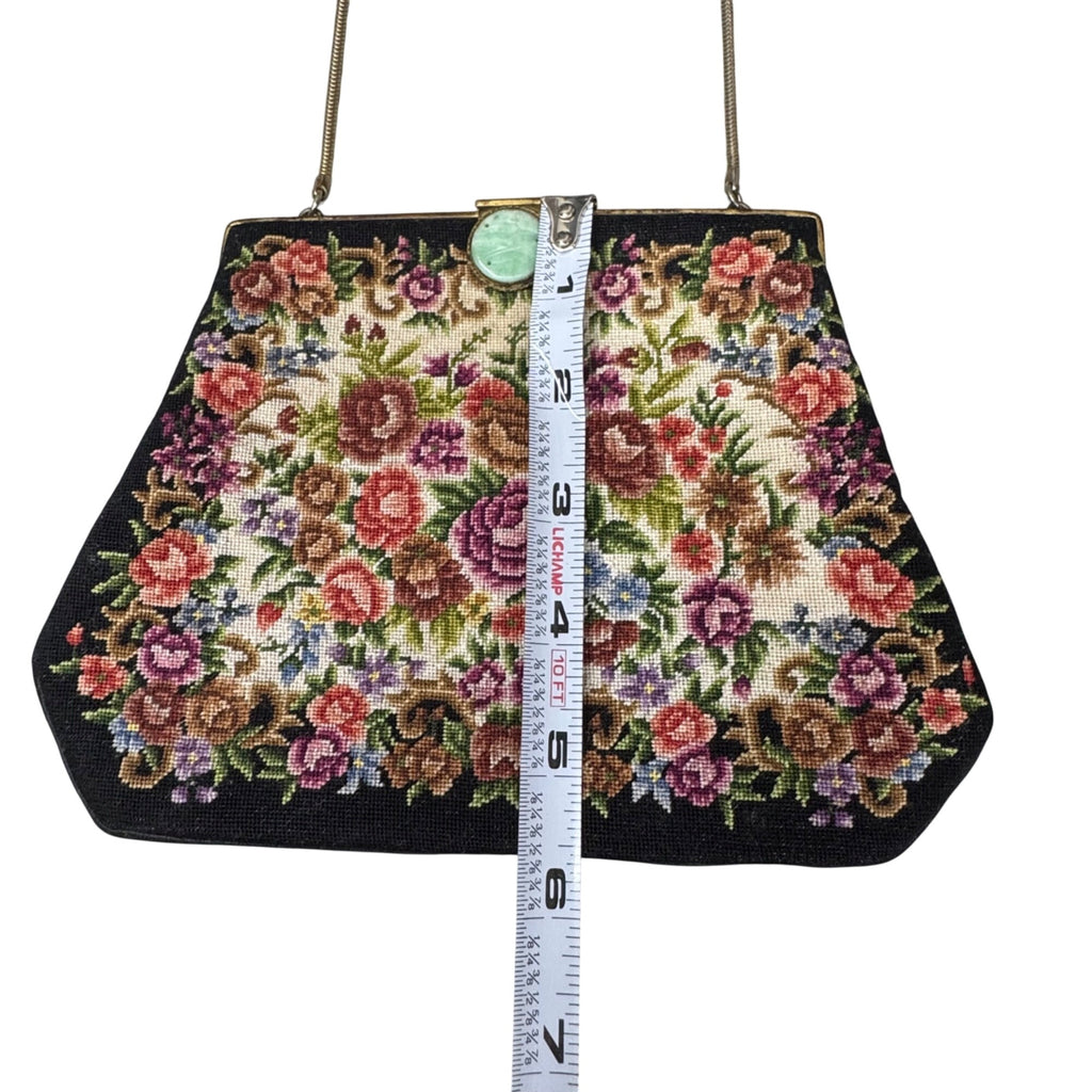 Vintage Floral Needlepoint Handbag Flowers Tapestry Metal Frame & Clasp Closure