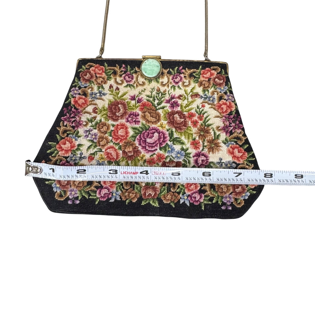 Vintage Floral Needlepoint Handbag Flowers Tapestry Metal Frame & Clasp Closure