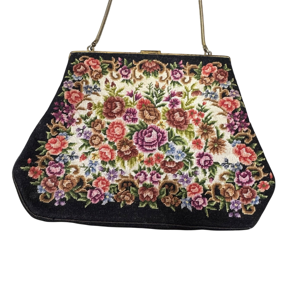 Vintage Floral Needlepoint Handbag Flowers Tapestry Metal Frame & Clasp Closure