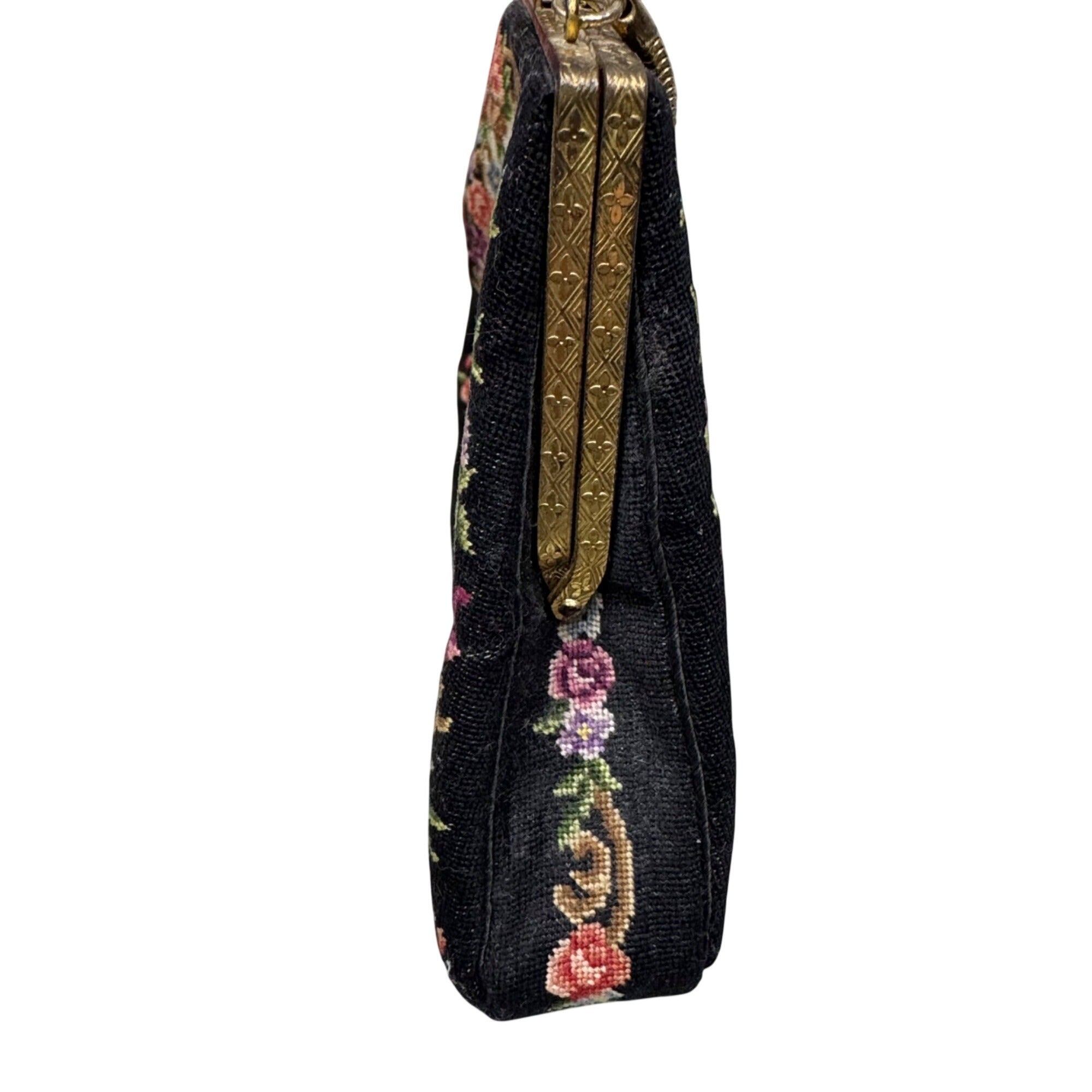 Vintage Floral Needlepoint Handbag Flowers Tapestry Metal Frame & Clasp Closure