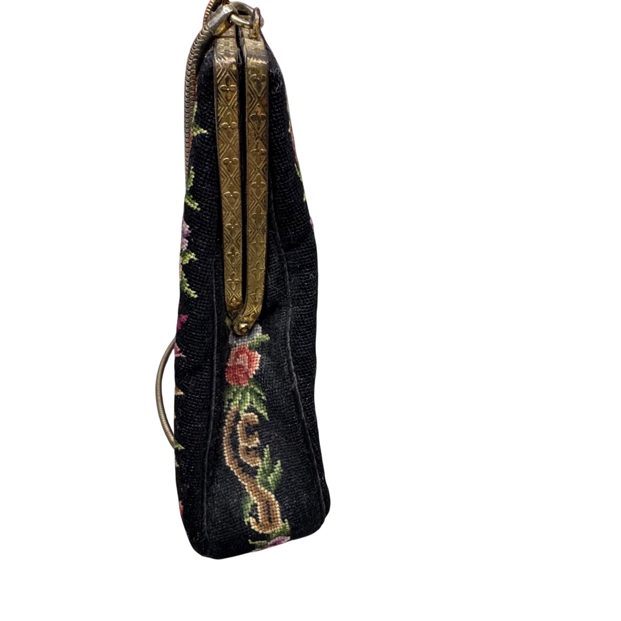 Vintage Floral Needlepoint Handbag Flowers Tapestry Metal Frame & Clasp Closure