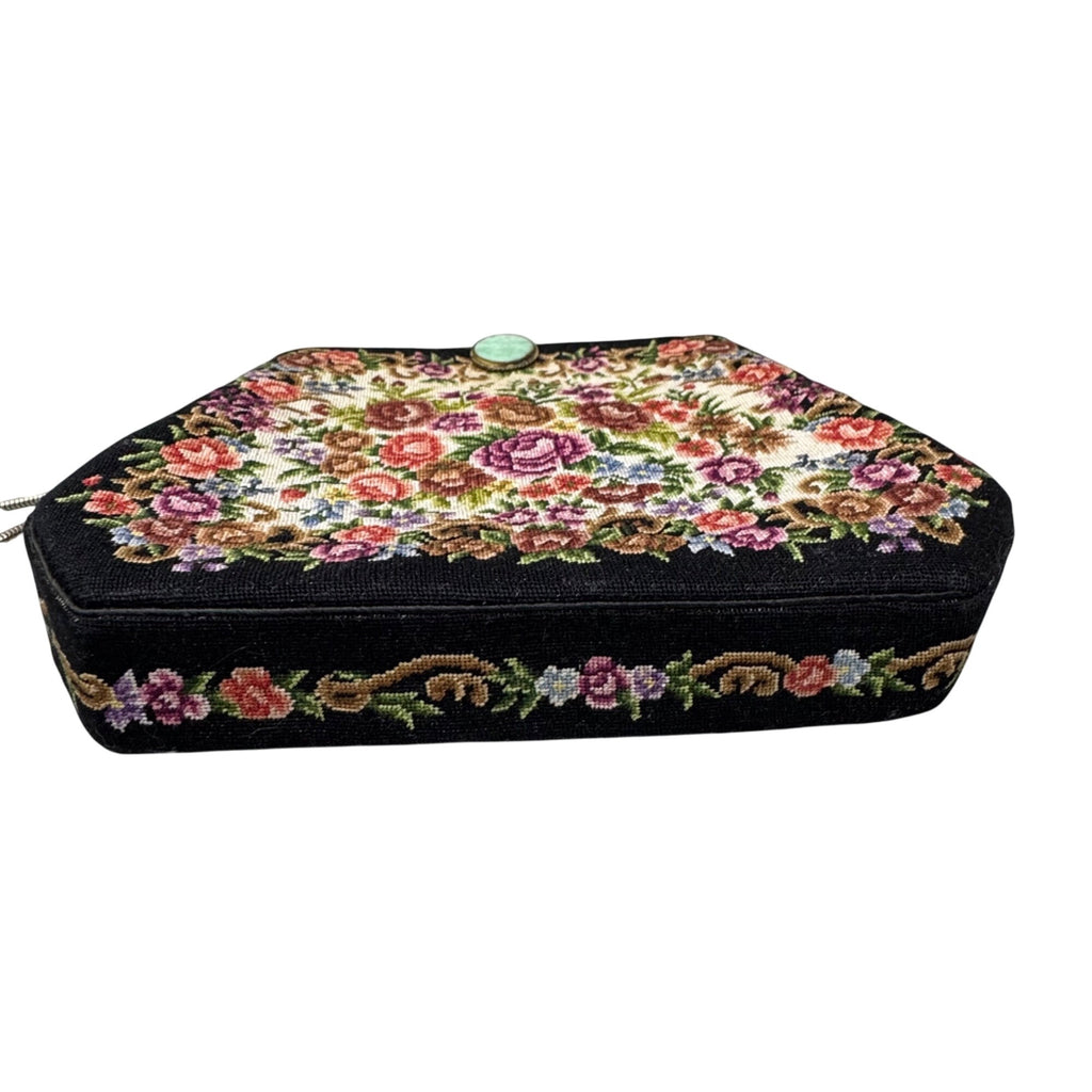 Vintage Floral Needlepoint Handbag Flowers Tapestry Metal Frame & Clasp Closure