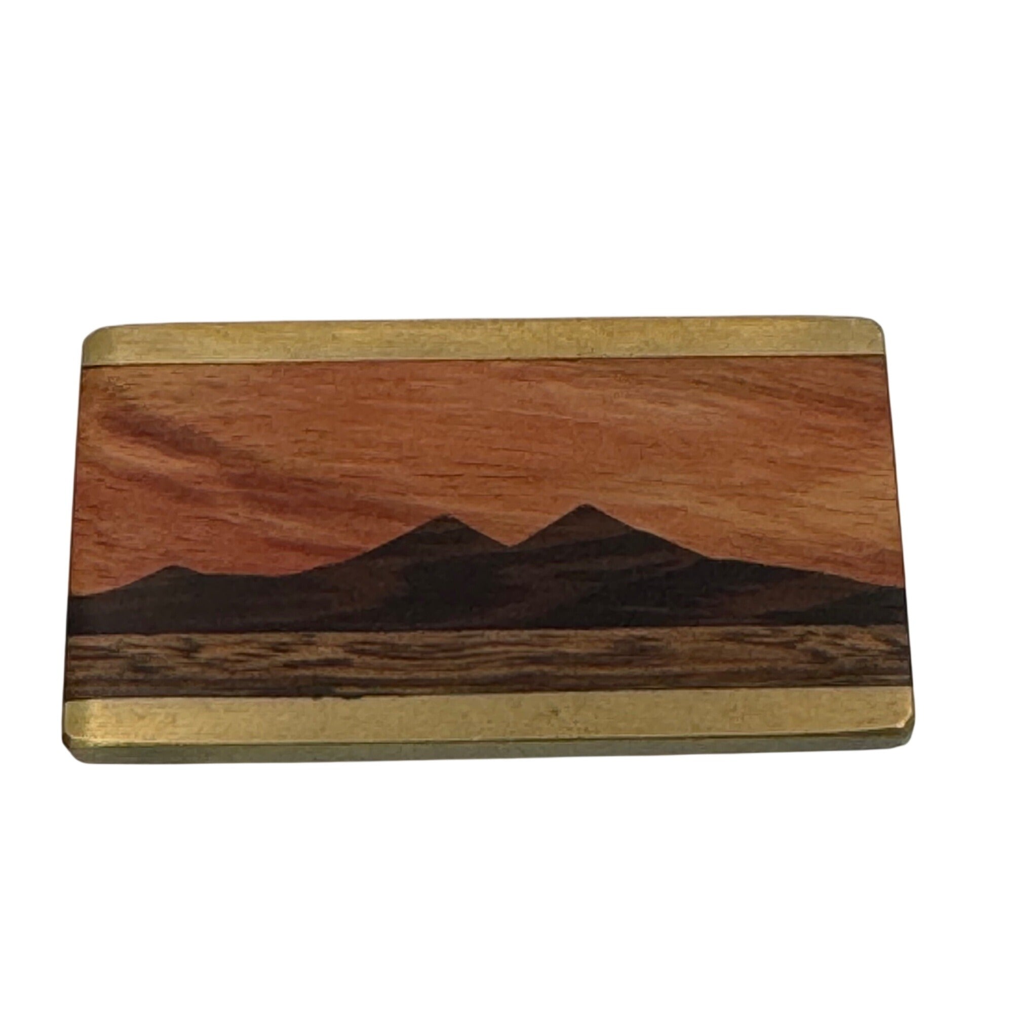 Kenneth Reid Handcrafted Wooden Money Clip Inlaid Wood Mountain Design Brass 2"
