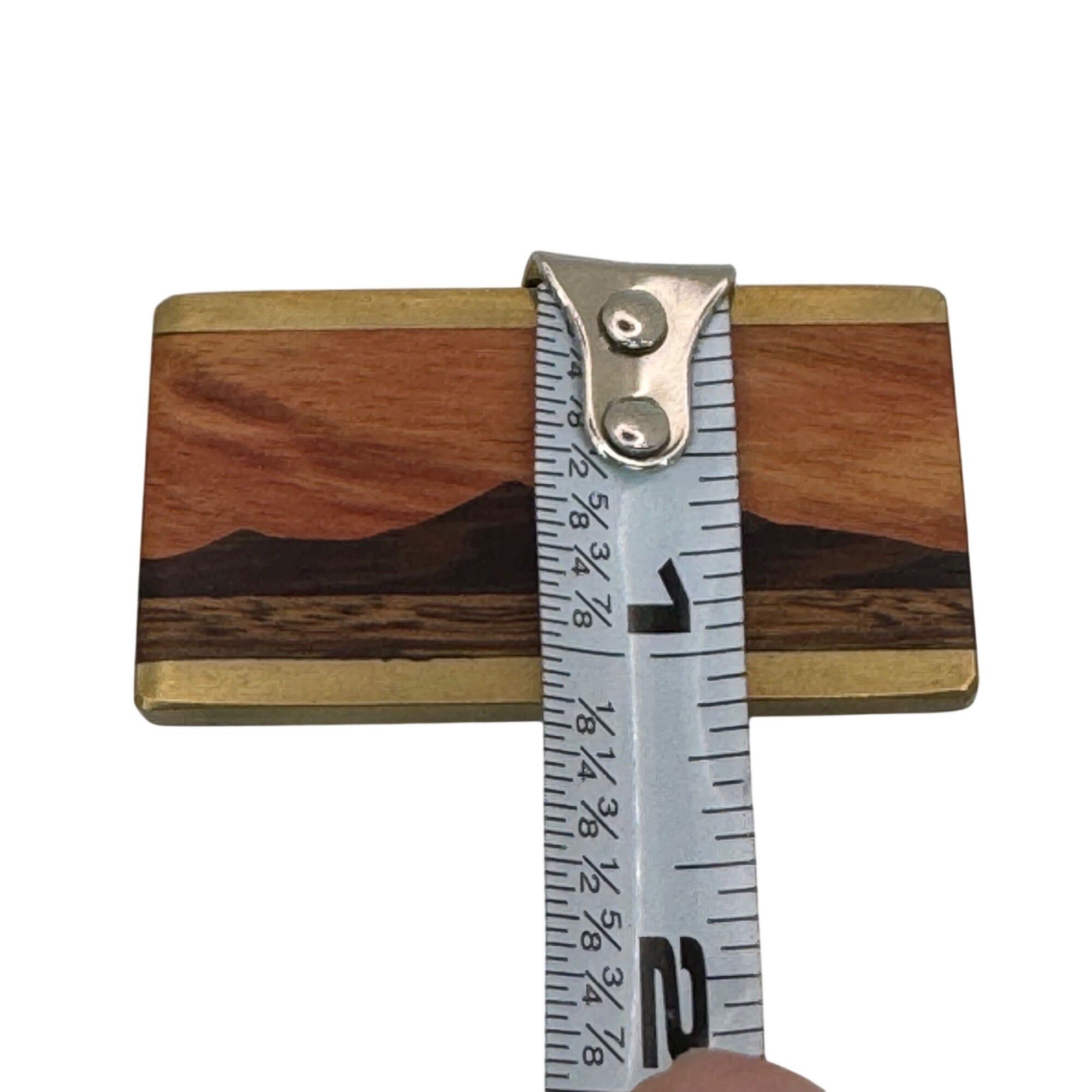 Kenneth Reid Handcrafted Wooden Money Clip Inlaid Wood Mountain Design Brass 2"