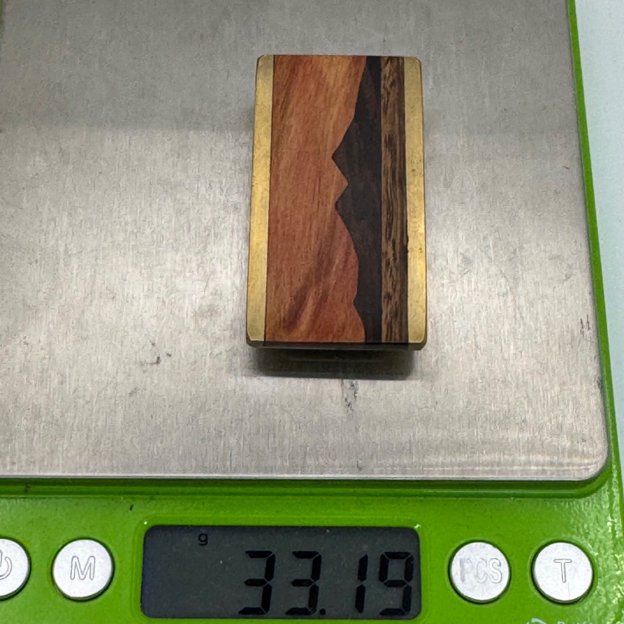 Kenneth Reid Handcrafted Wooden Money Clip Inlaid Wood Mountain Design Brass 2"
