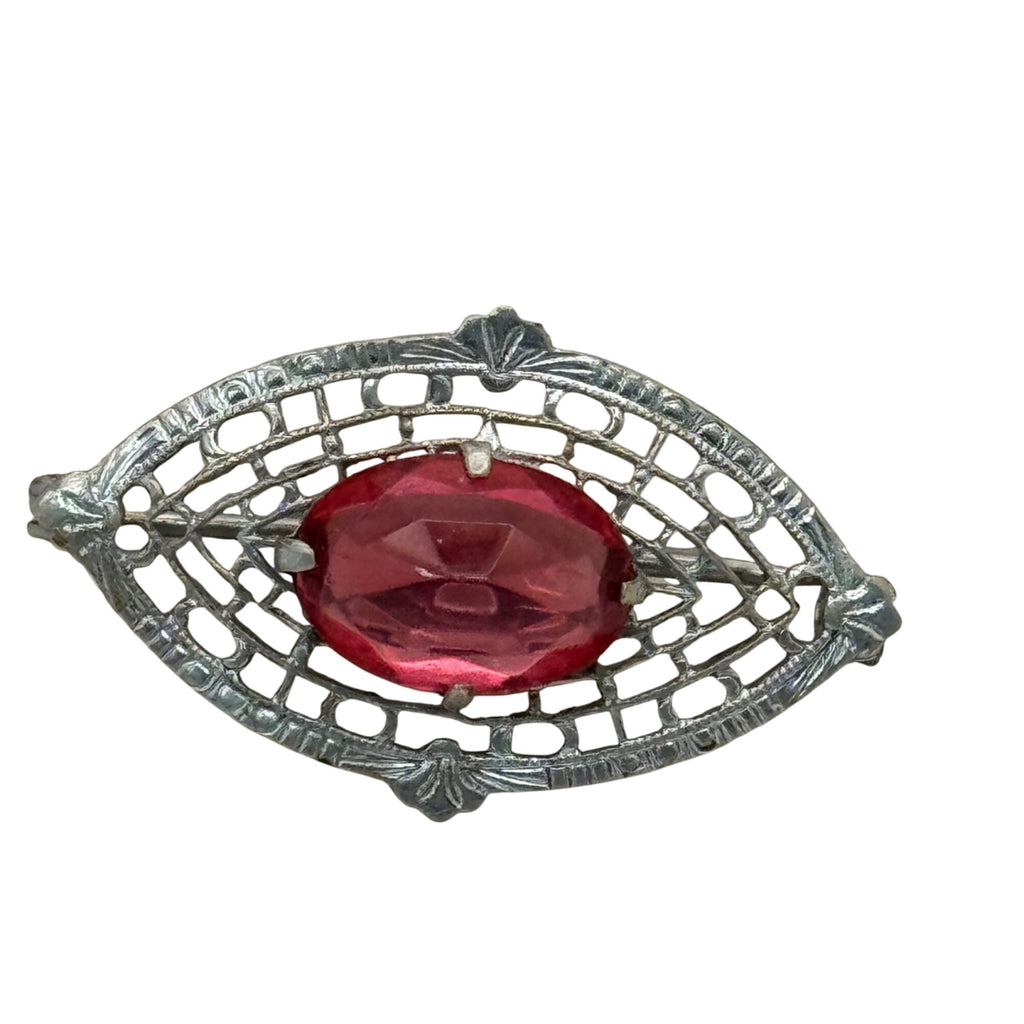 14K Filigree Brooch Red Pink GlassSilver Tone Gold Filled  Oval Stone1.75" Vtg