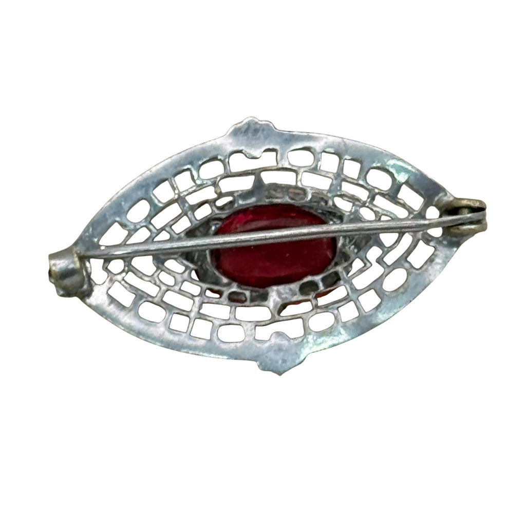 14K Filigree Brooch Red Pink GlassSilver Tone Gold Filled  Oval Stone1.75" Vtg