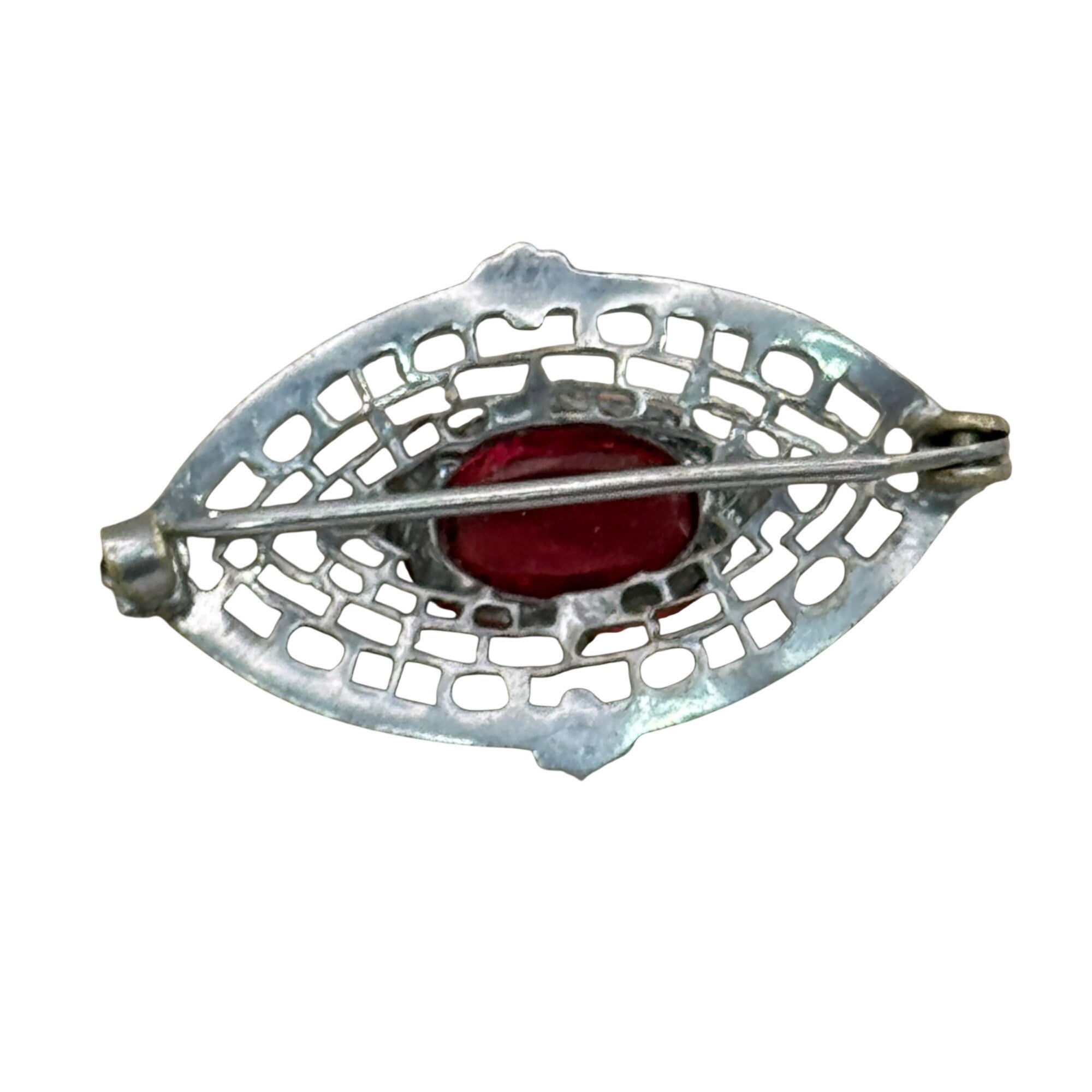 14K Filigree Brooch Red Pink GlassSilver Tone Gold Filled  Oval Stone1.75" Vtg