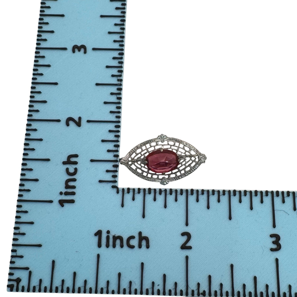 14K Filigree Brooch Red Pink GlassSilver Tone Gold Filled  Oval Stone1.75" Vtg