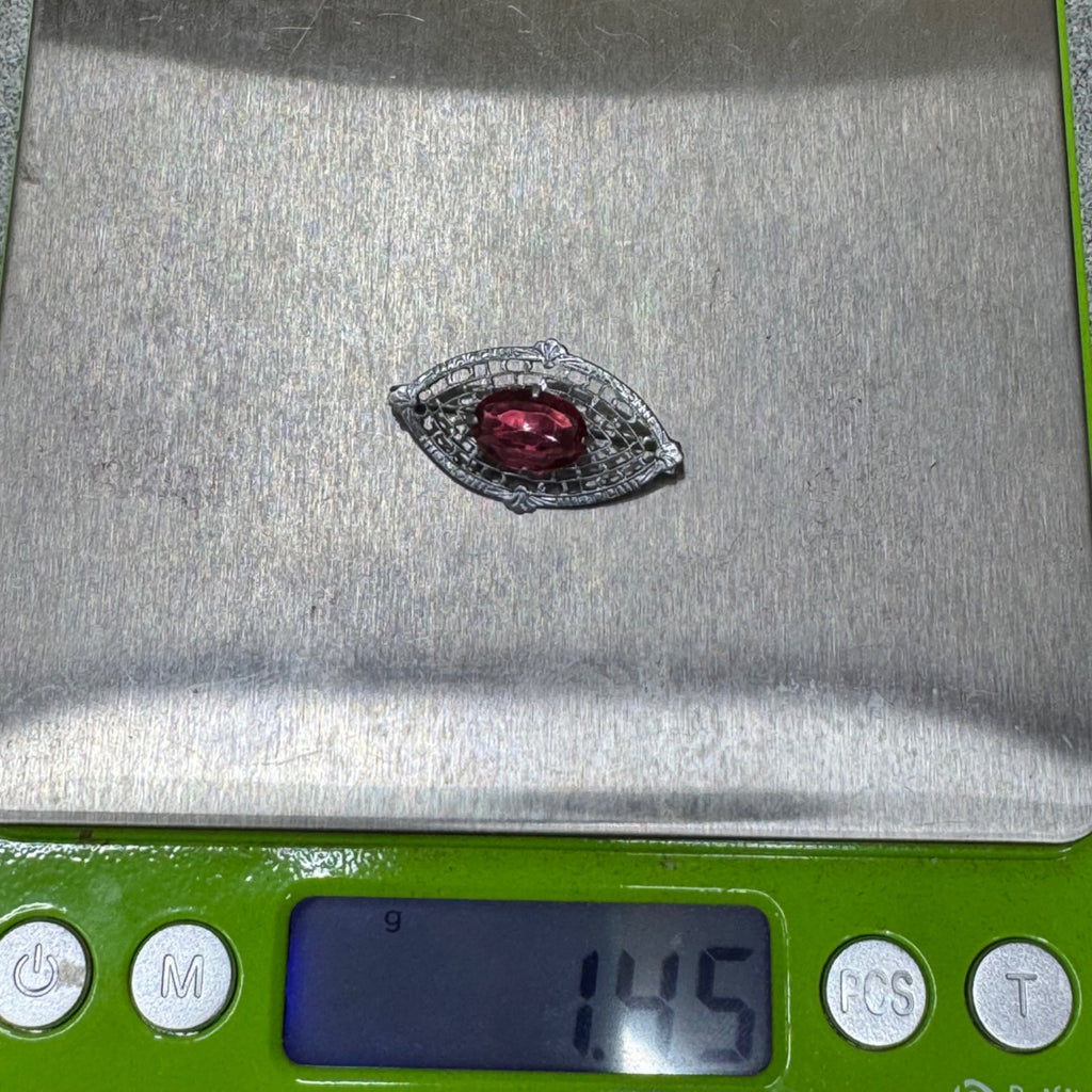 14K Filigree Brooch Red Pink GlassSilver Tone Gold Filled  Oval Stone1.75" Vtg