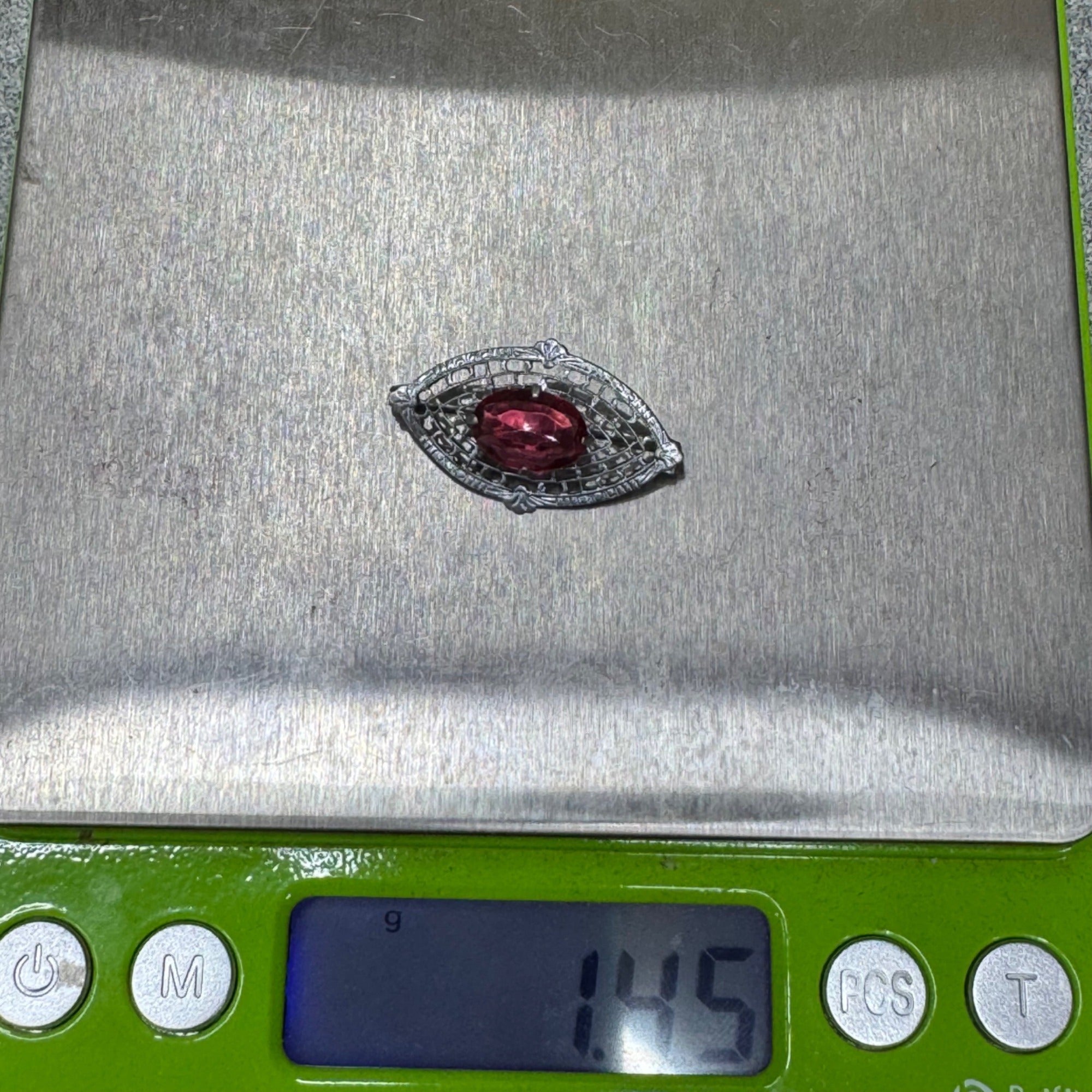 14K Filigree Brooch Red Pink GlassSilver Tone Gold Filled  Oval Stone1.75" Vtg
