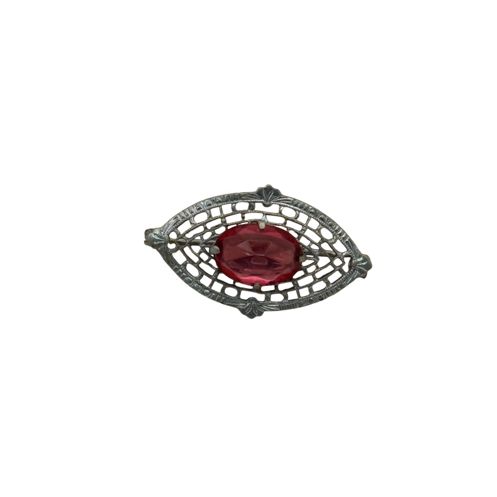 14K Filigree Brooch Red Pink GlassSilver Tone Gold Filled  Oval Stone1.75" Vtg