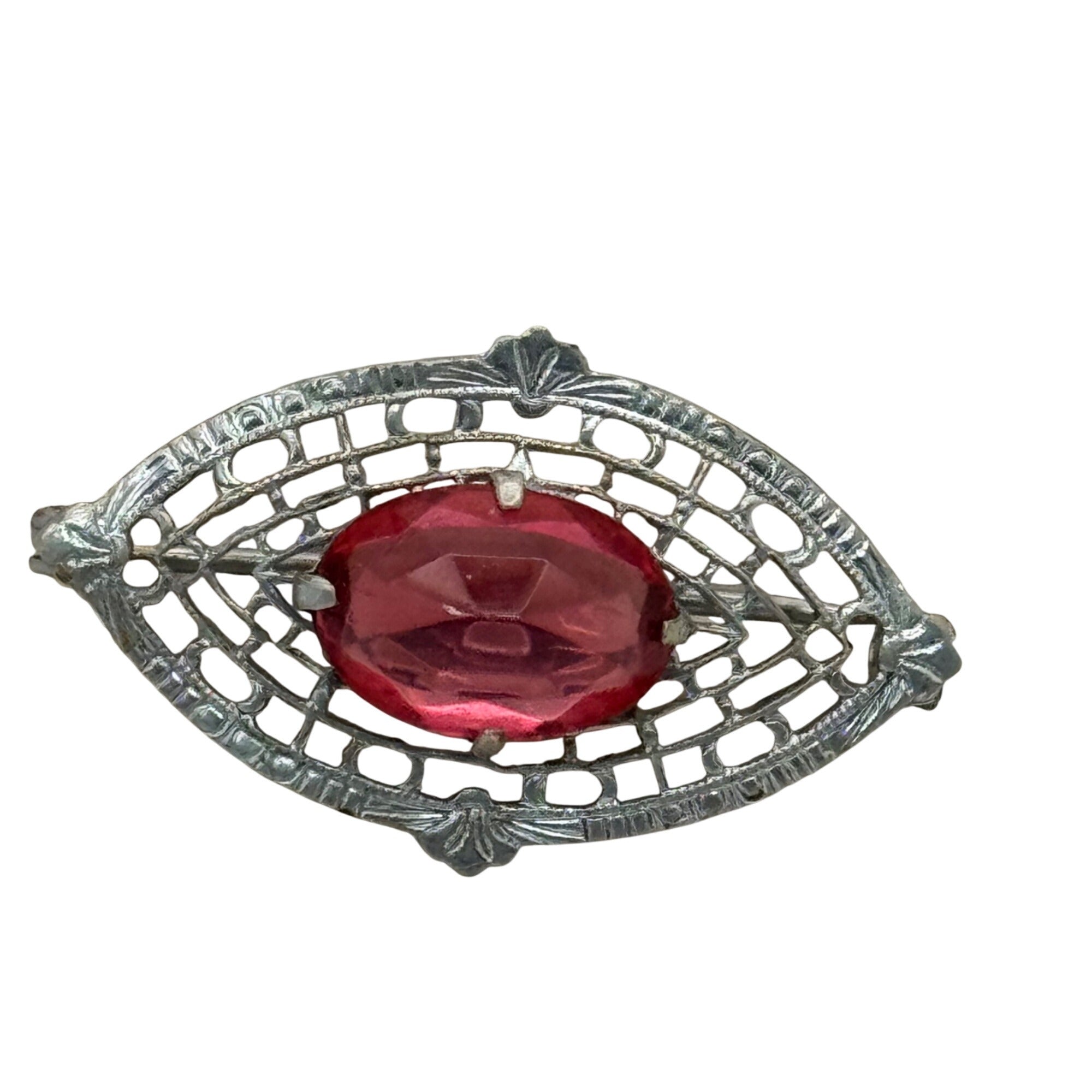 14K Filigree Brooch Red Pink GlassSilver Tone Gold Filled  Oval Stone1.75" Vtg