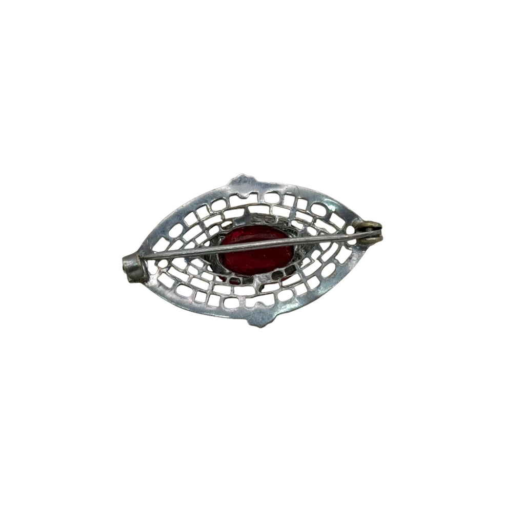 14K Filigree Brooch Red Pink GlassSilver Tone Gold Filled  Oval Stone1.75" Vtg