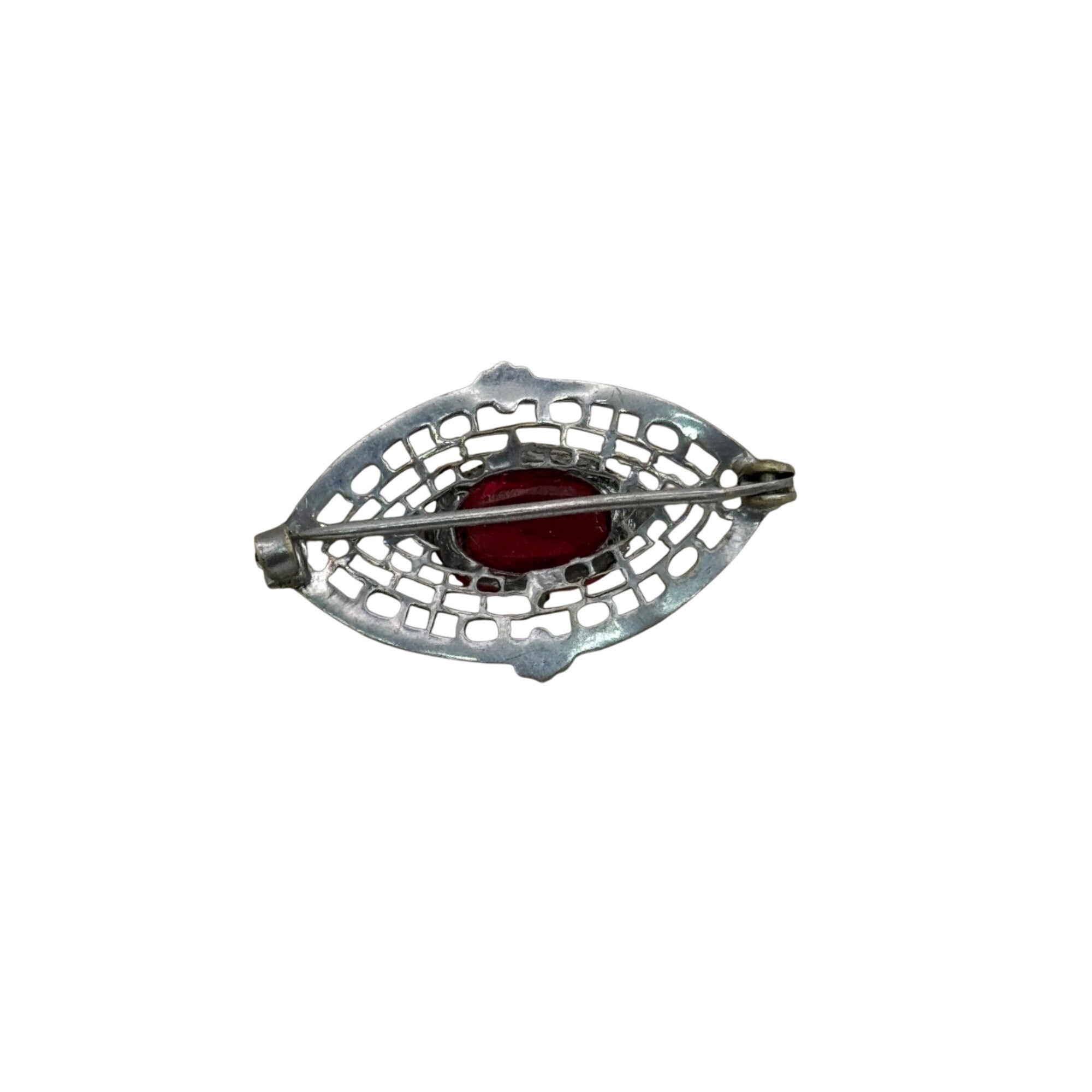 14K Filigree Brooch Red Pink GlassSilver Tone Gold Filled  Oval Stone1.75" Vtg