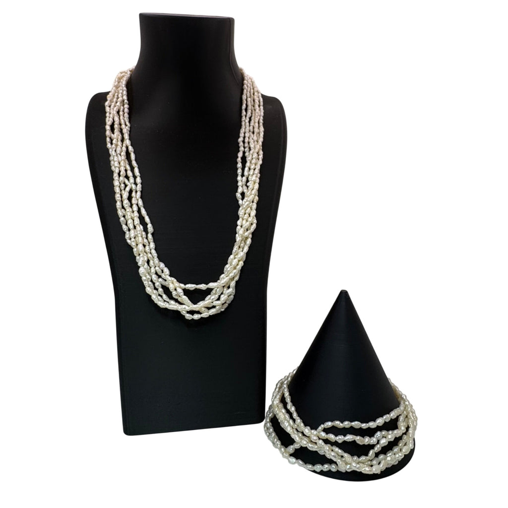 Vtg Multi Strand Necklace Bracelet Pearls Freshwater Rice Kesha Gold Tone Clasp