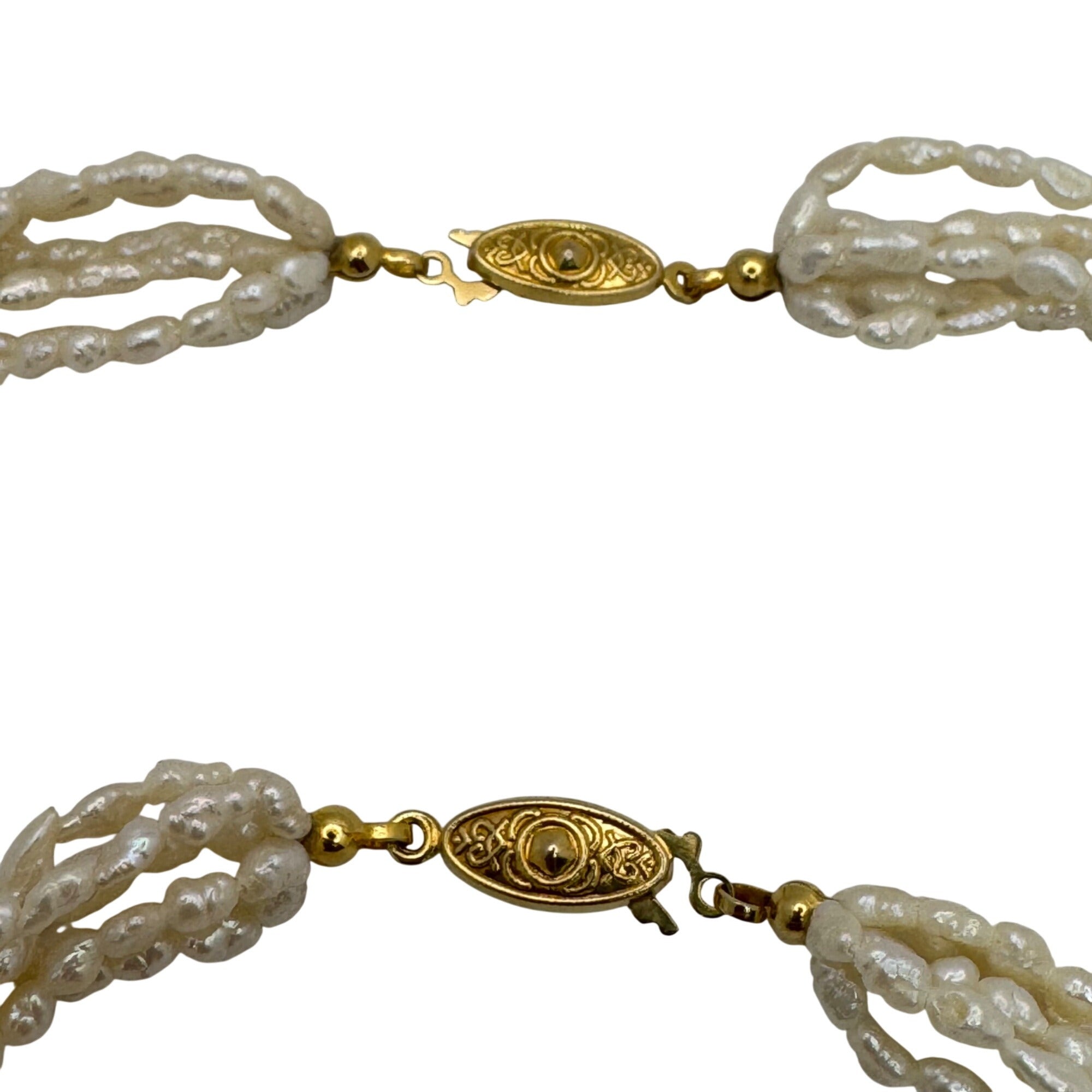 Vtg Multi Strand Necklace Bracelet Pearls Freshwater Rice Kesha Gold Tone Clasp