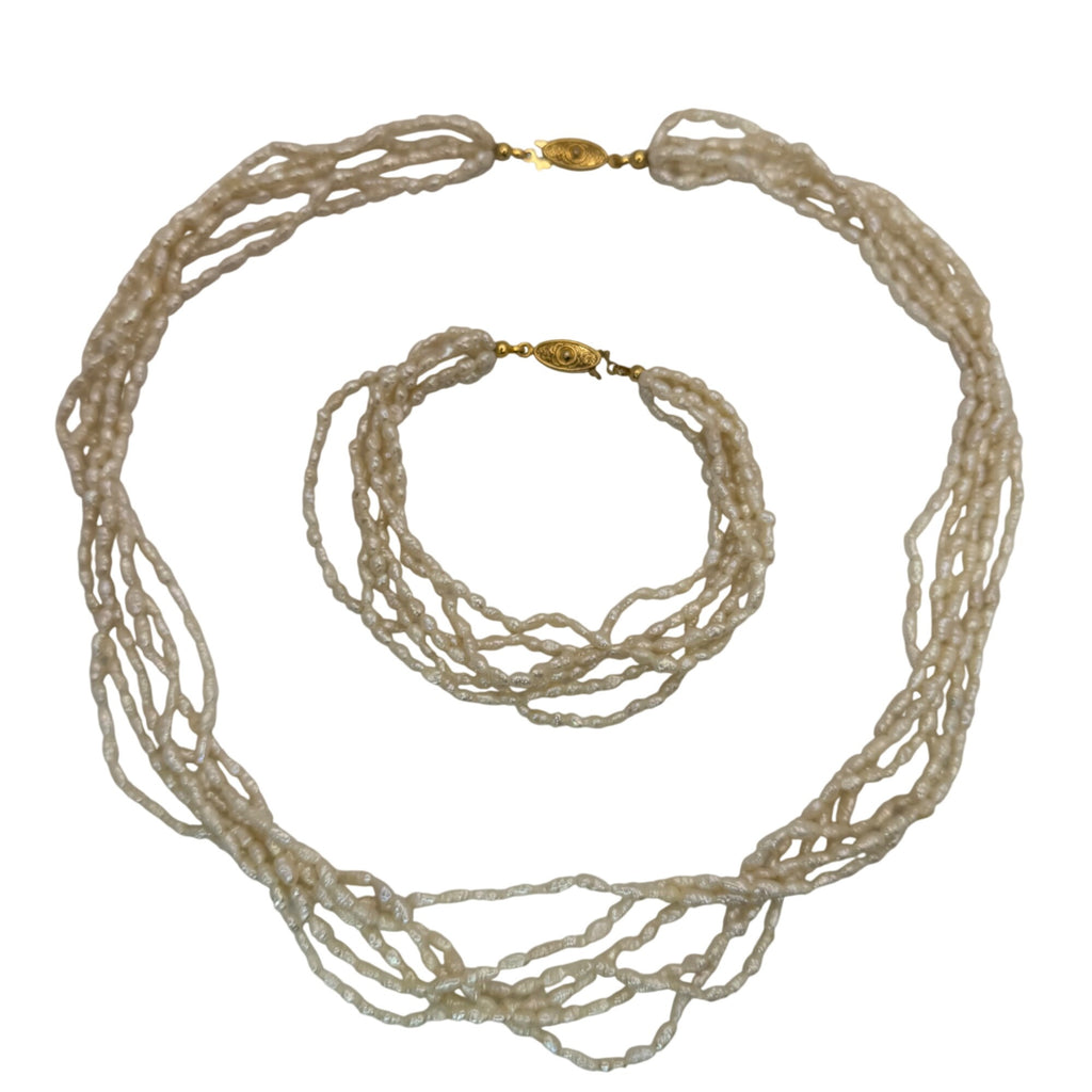 Vtg Multi Strand Necklace Bracelet Pearls Freshwater Rice Kesha Gold Tone Clasp