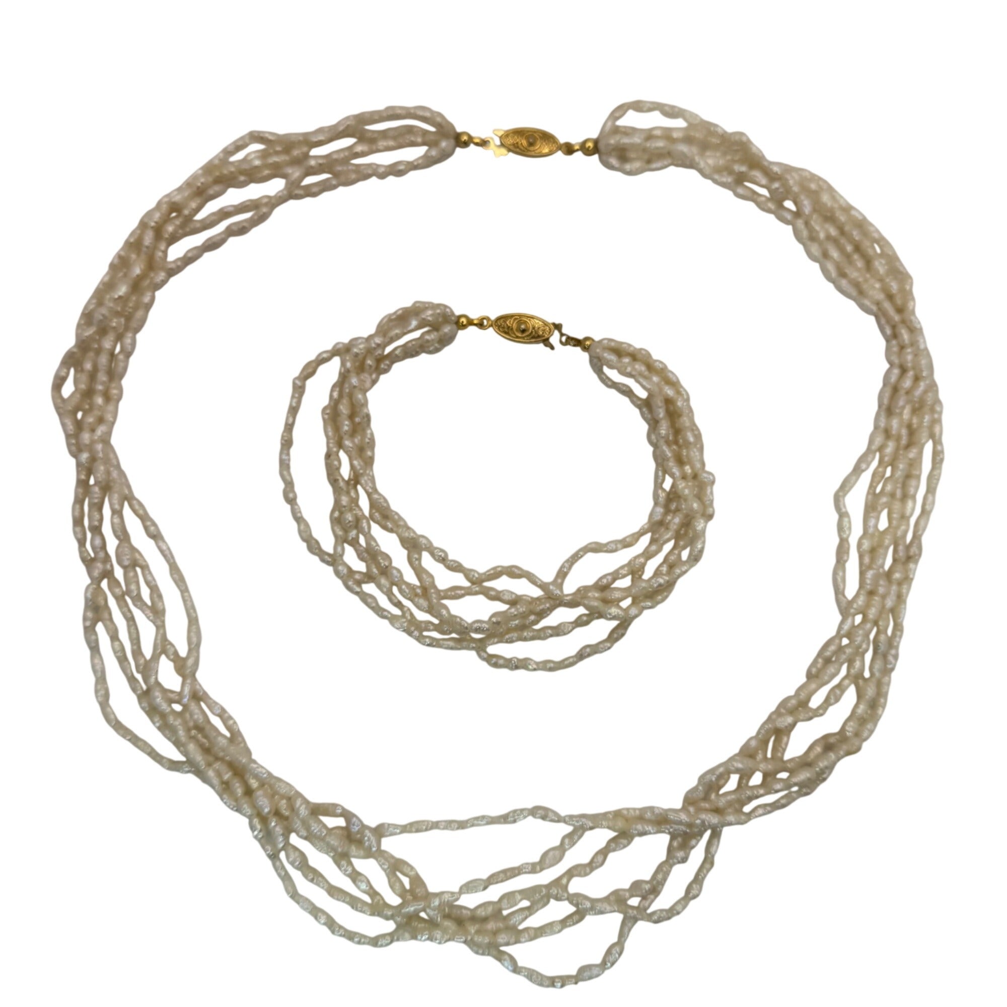 Vtg Multi Strand Necklace Bracelet Pearls Freshwater Rice Kesha Gold Tone Clasp