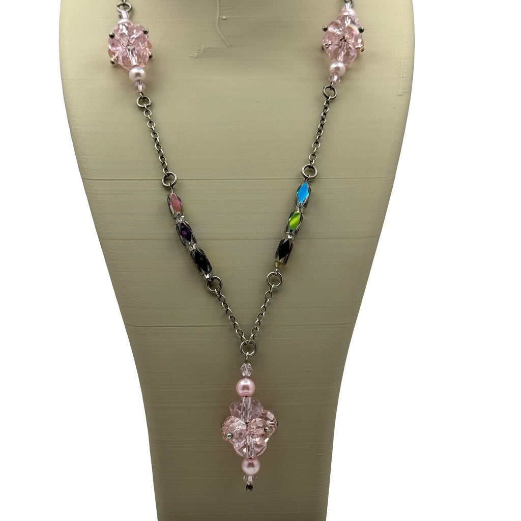 Sterling Pink Crystal Pendant Necklace AB Cats Eye Beads & Silver-Tone Chain 22"