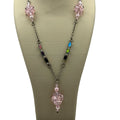 Sterling Pink Crystal Pendant Necklace AB Cats Eye Beads & Silver-Tone Chain 22"