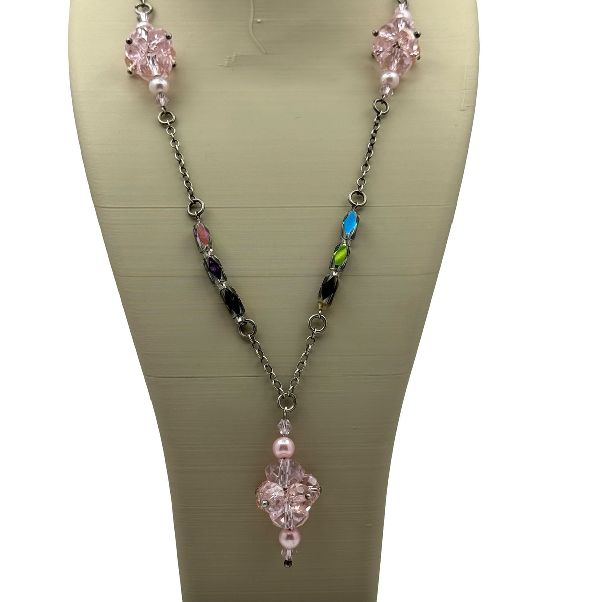 Sterling Pink Crystal Pendant Necklace AB Cats Eye Beads & Silver-Tone Chain 22"