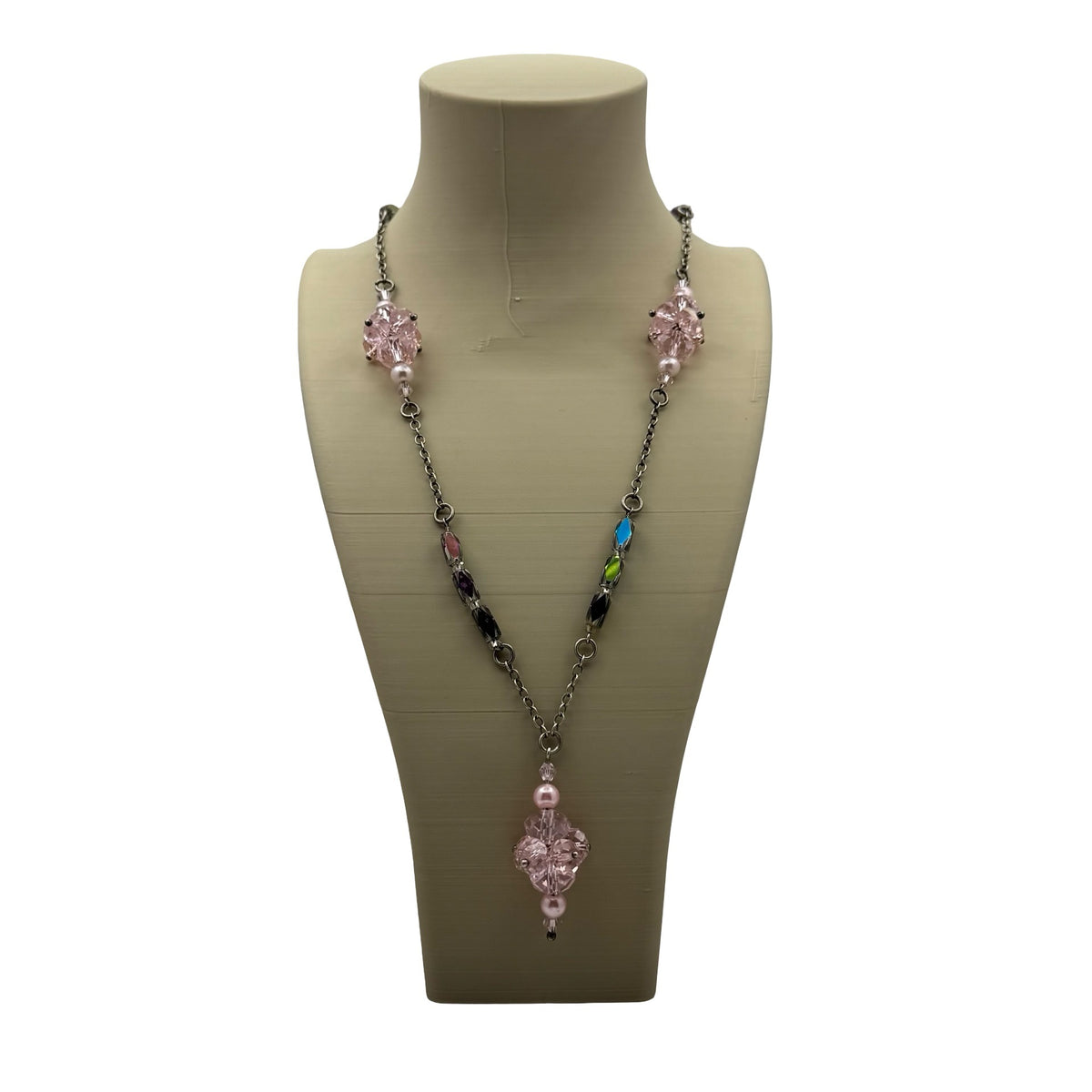 Sterling Pink Crystal Pendant Necklace AB Cats Eye Beads & Silver-Tone Chain 22"
