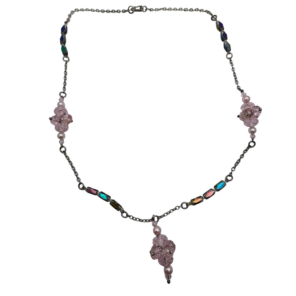 Sterling Pink Crystal Pendant Necklace AB Cats Eye Beads & Silver-Tone Chain 22"