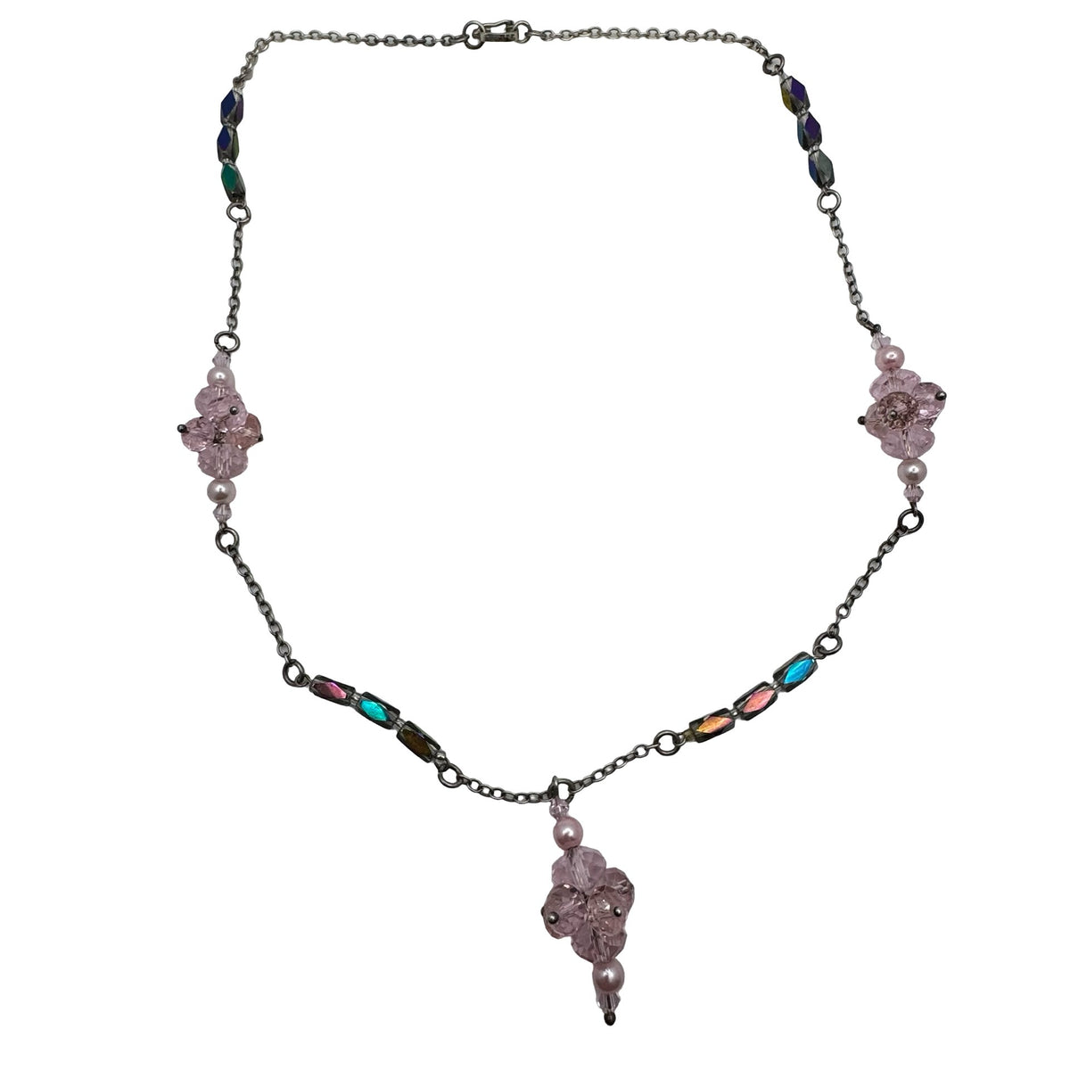 Sterling Pink Crystal Pendant Necklace AB Cats Eye Beads & Silver-Tone Chain 22"