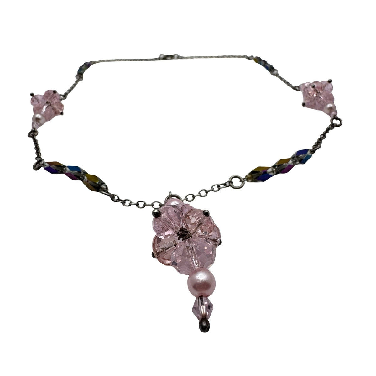 Sterling Pink Crystal Pendant Necklace AB Cats Eye Beads & Silver-Tone Chain 22"