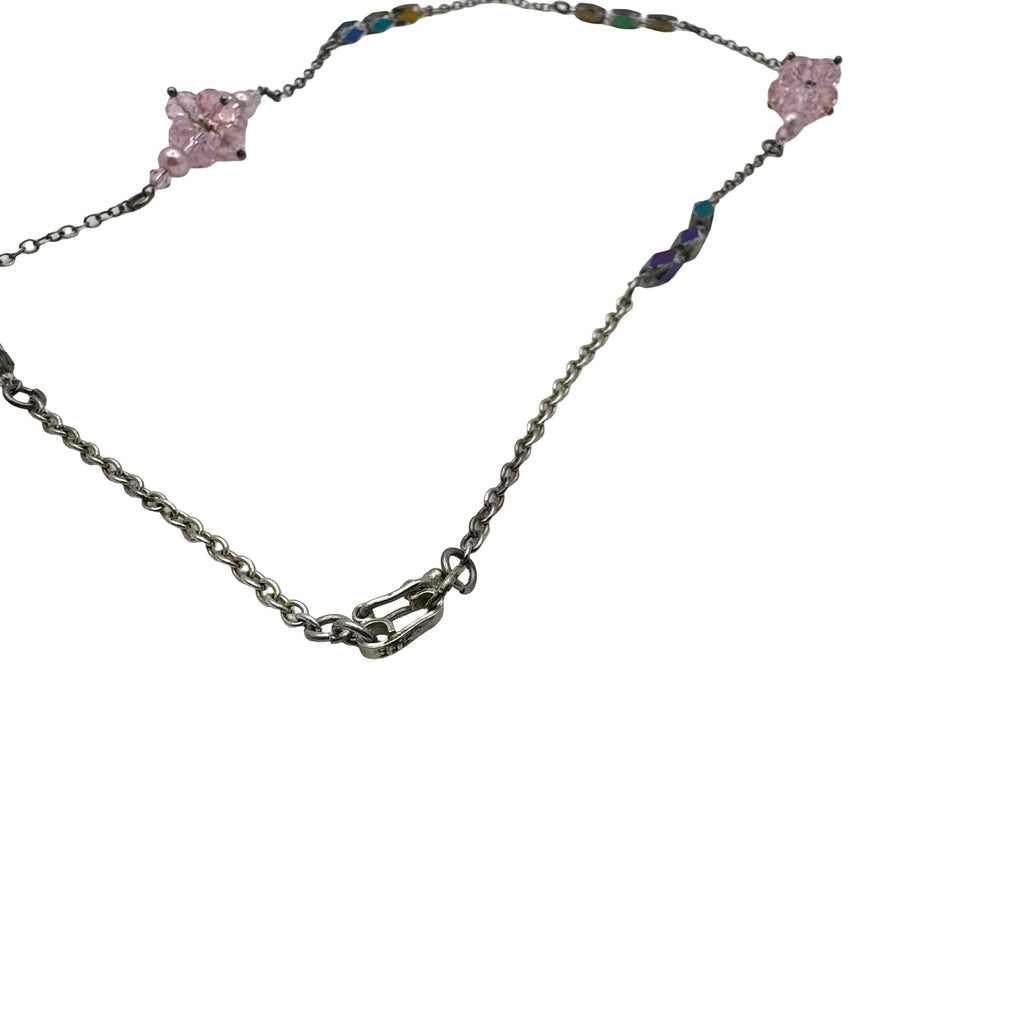 Sterling Pink Crystal Pendant Necklace AB Cats Eye Beads & Silver-Tone Chain 22"