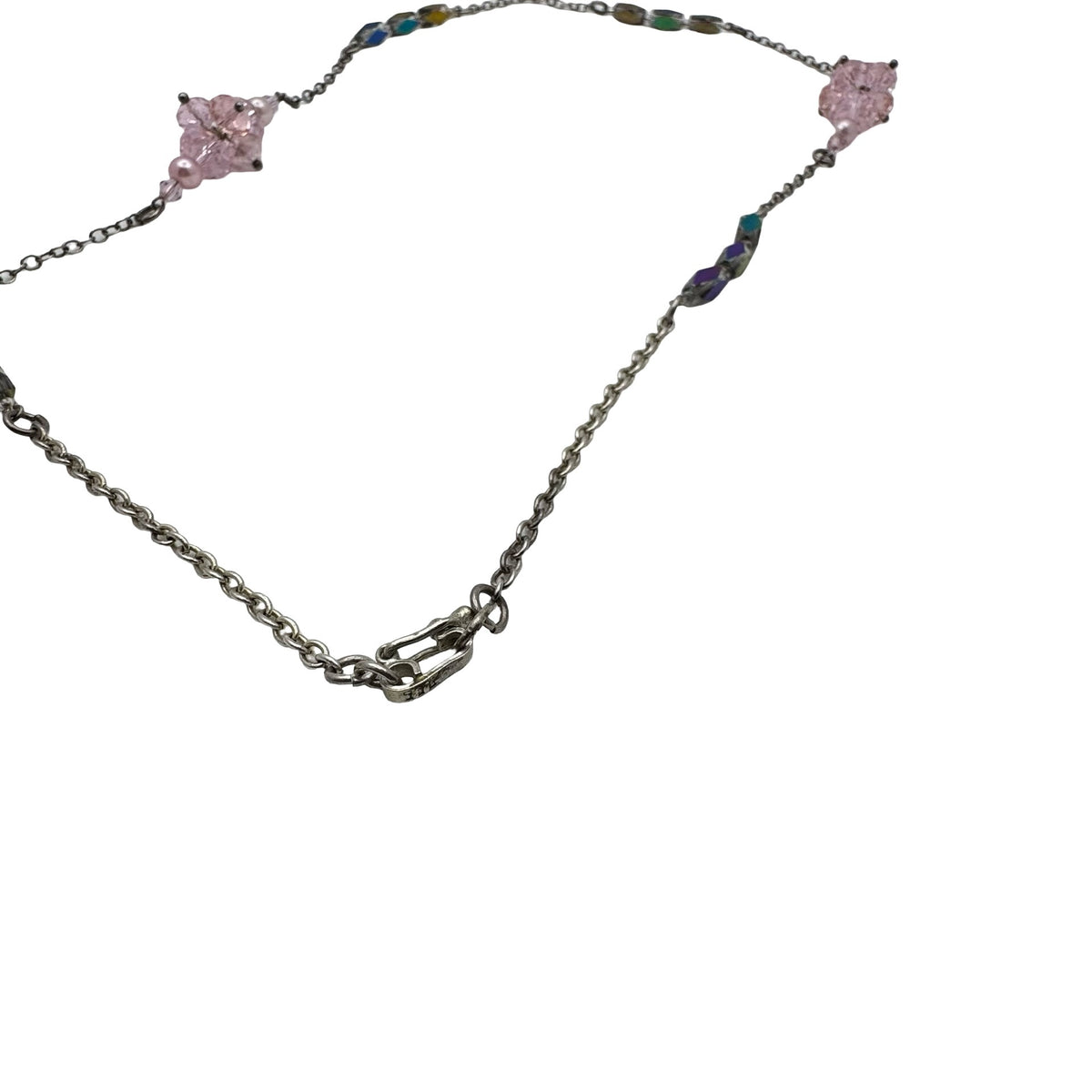 Sterling Pink Crystal Pendant Necklace AB Cats Eye Beads & Silver-Tone Chain 22"