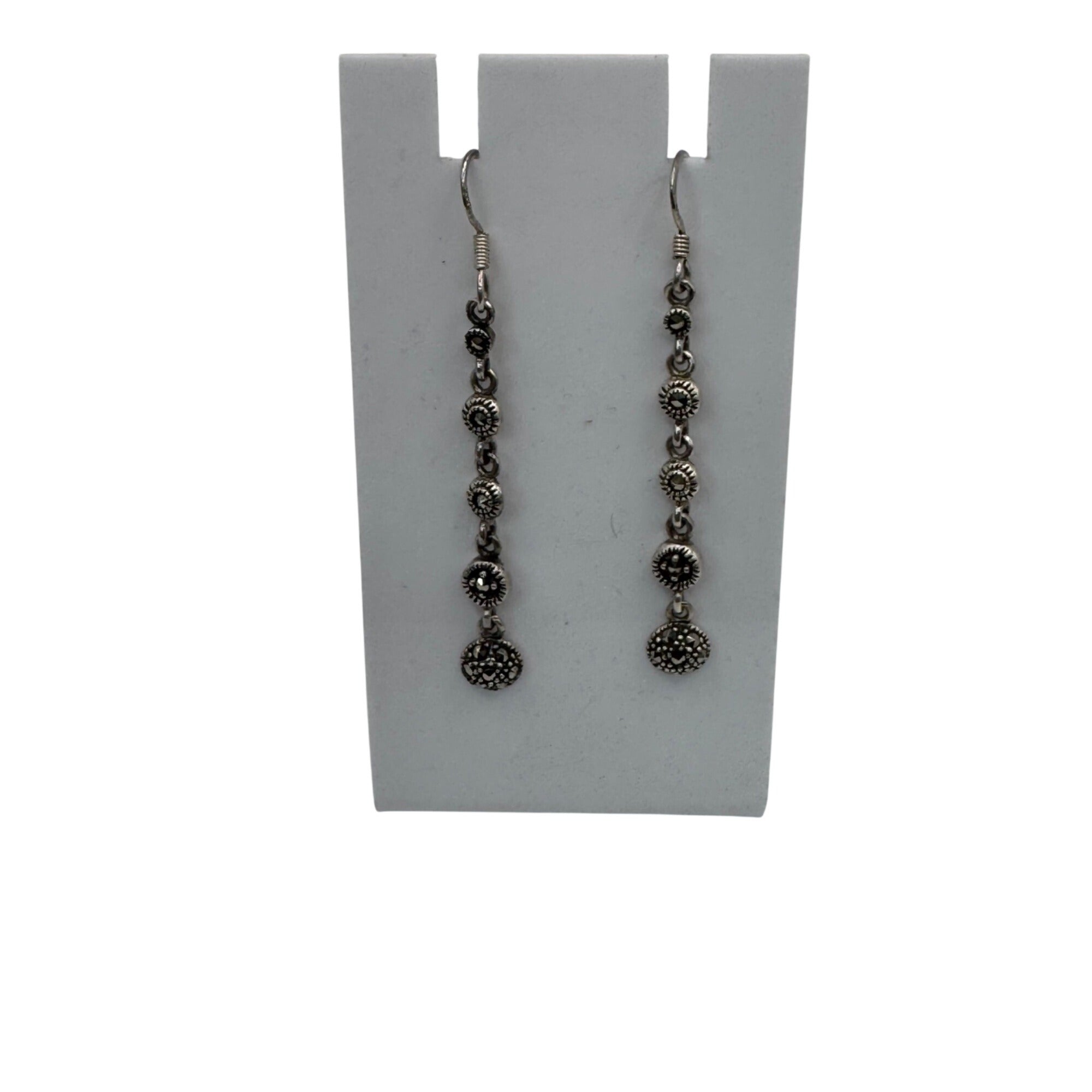 Vintage Art Deco 2" Sterling Silver Marcasite Drop Dangle Earrings 2" Signed MC