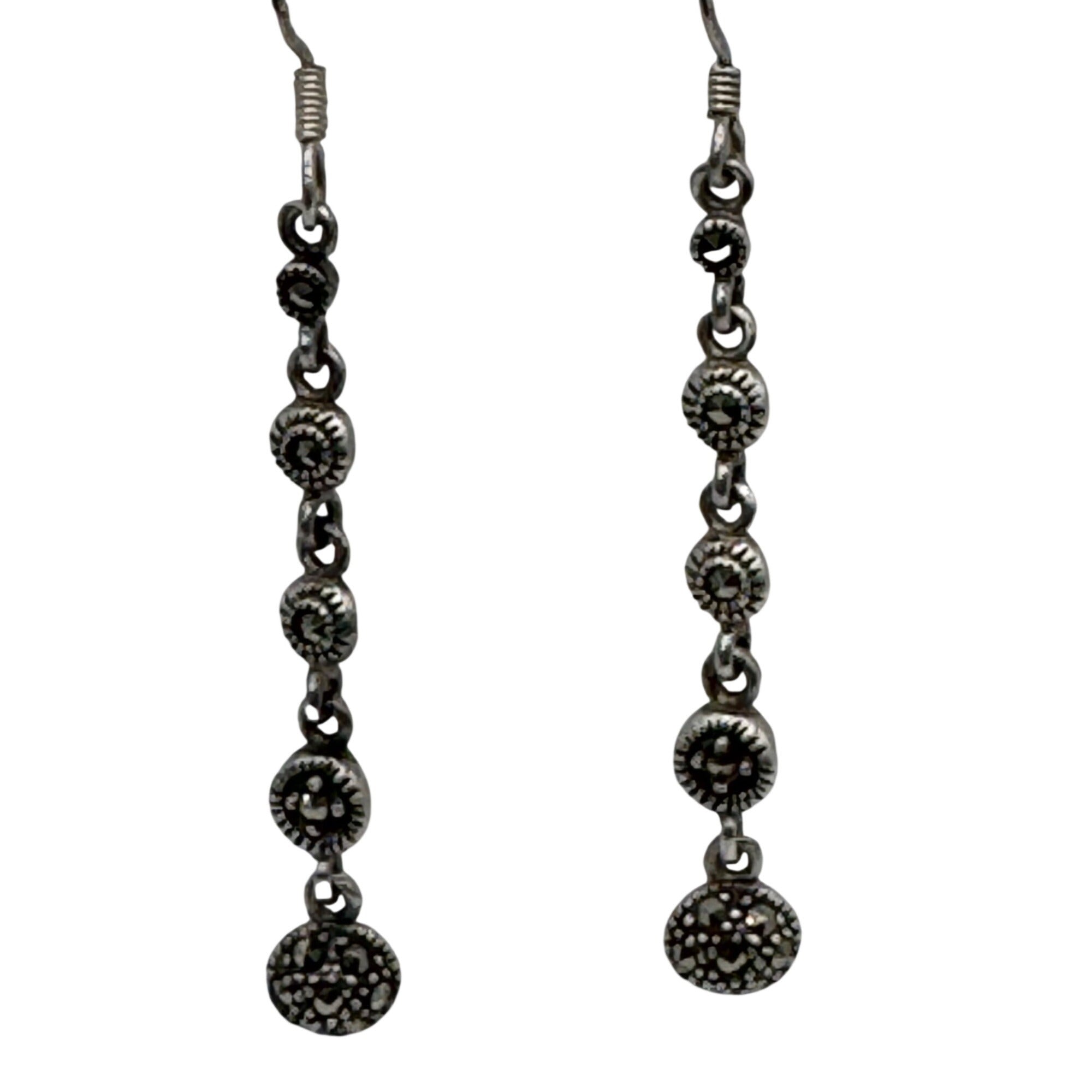 Vintage Art Deco 2" Sterling Silver Marcasite Drop Dangle Earrings 2" Signed MC