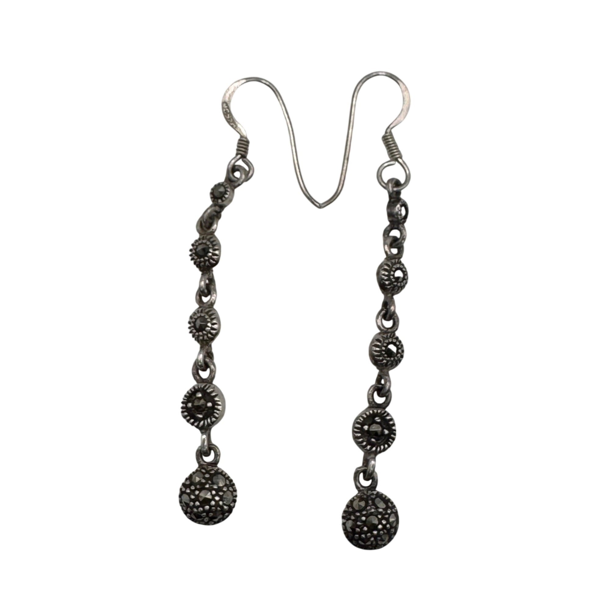 Vintage Art Deco 2" Sterling Silver Marcasite Drop Dangle Earrings 2" Signed MC