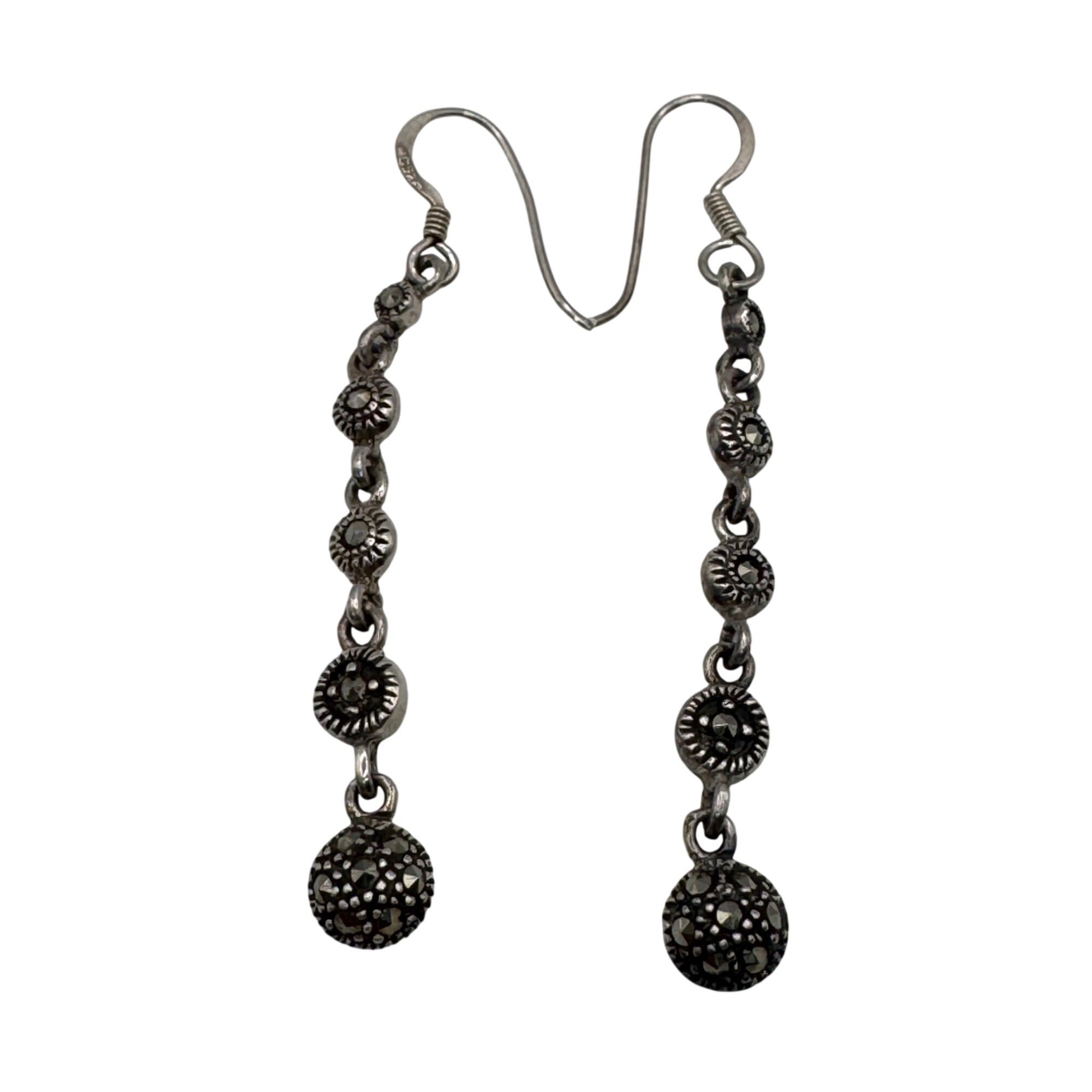 Vintage Art Deco 2" Sterling Silver Marcasite Drop Dangle Earrings 2" Signed MC