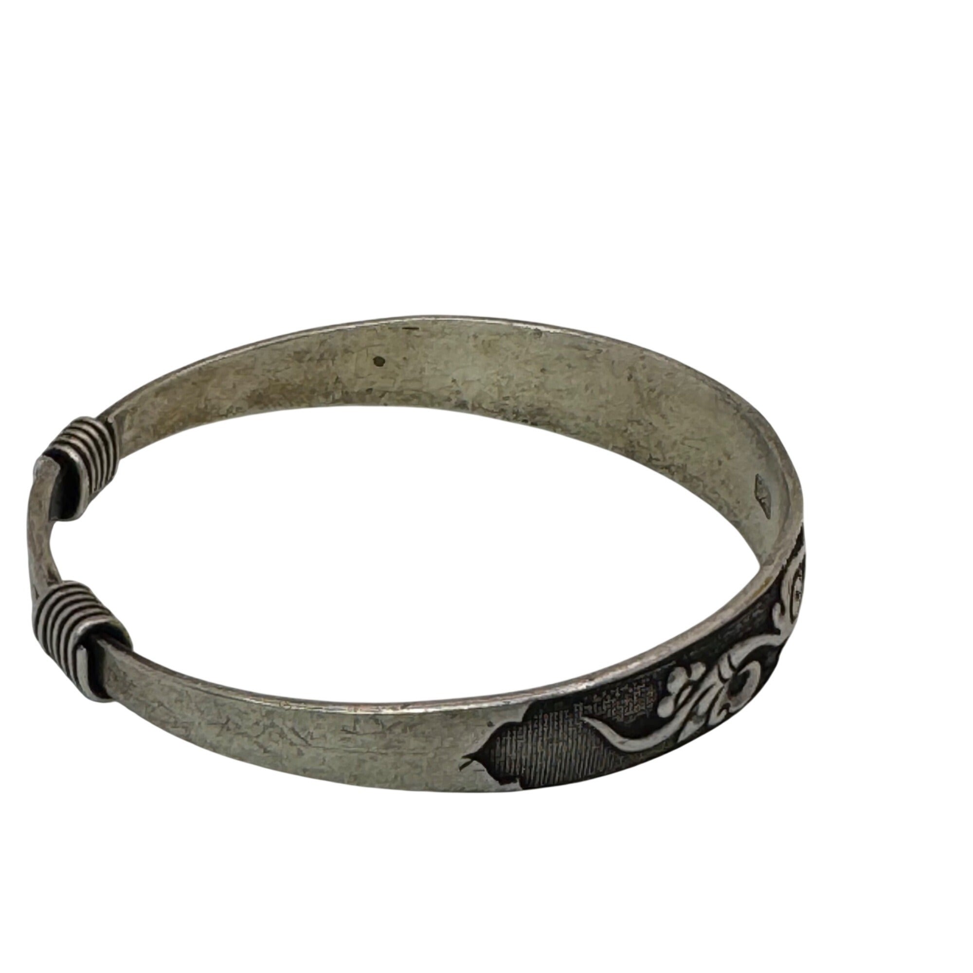 Vintage Silver Tone Asian Bangle Bracelet Symbols Good Luck Fortune 7.75"