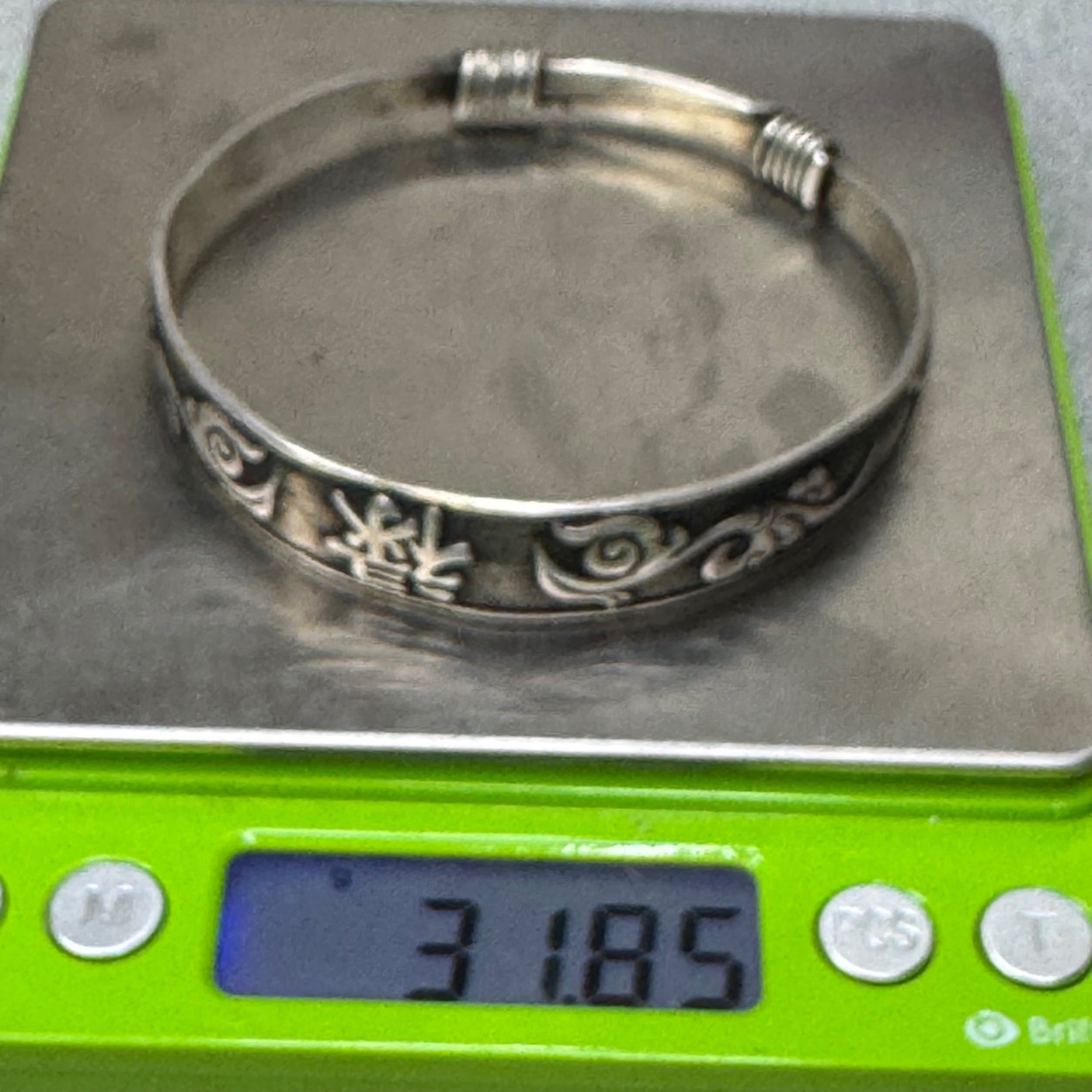 Vintage Silver Tone Asian Bangle Bracelet Symbols Good Luck Fortune 7.75"