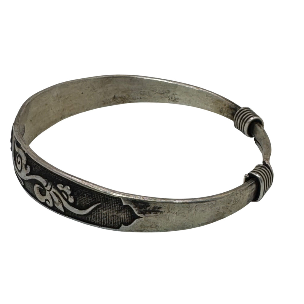 Vintage Silver Tone Asian Bangle Bracelet Symbols Good Luck Fortune 7.75"