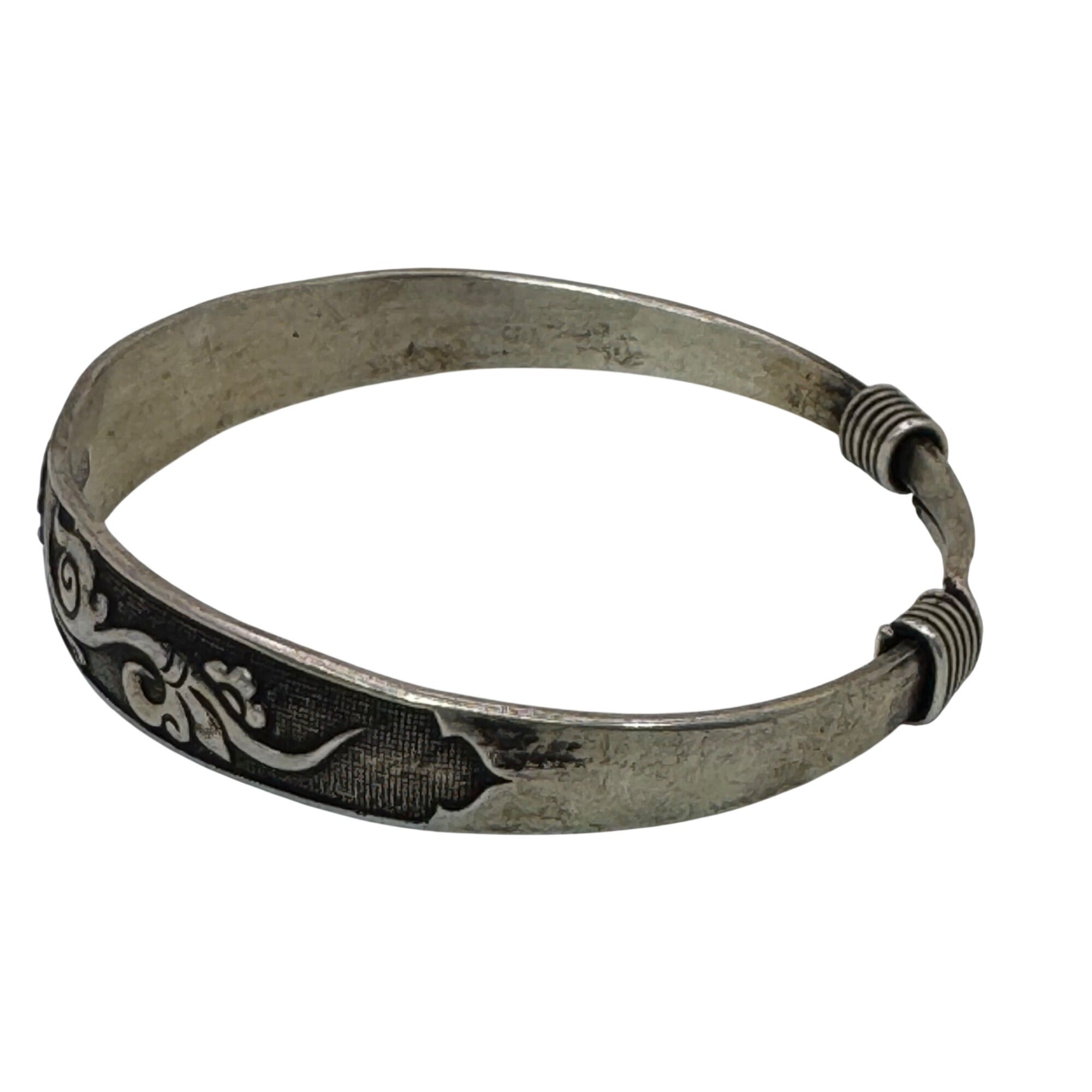 Vintage Silver Tone Asian Bangle Bracelet Symbols Good Luck Fortune 7.75"