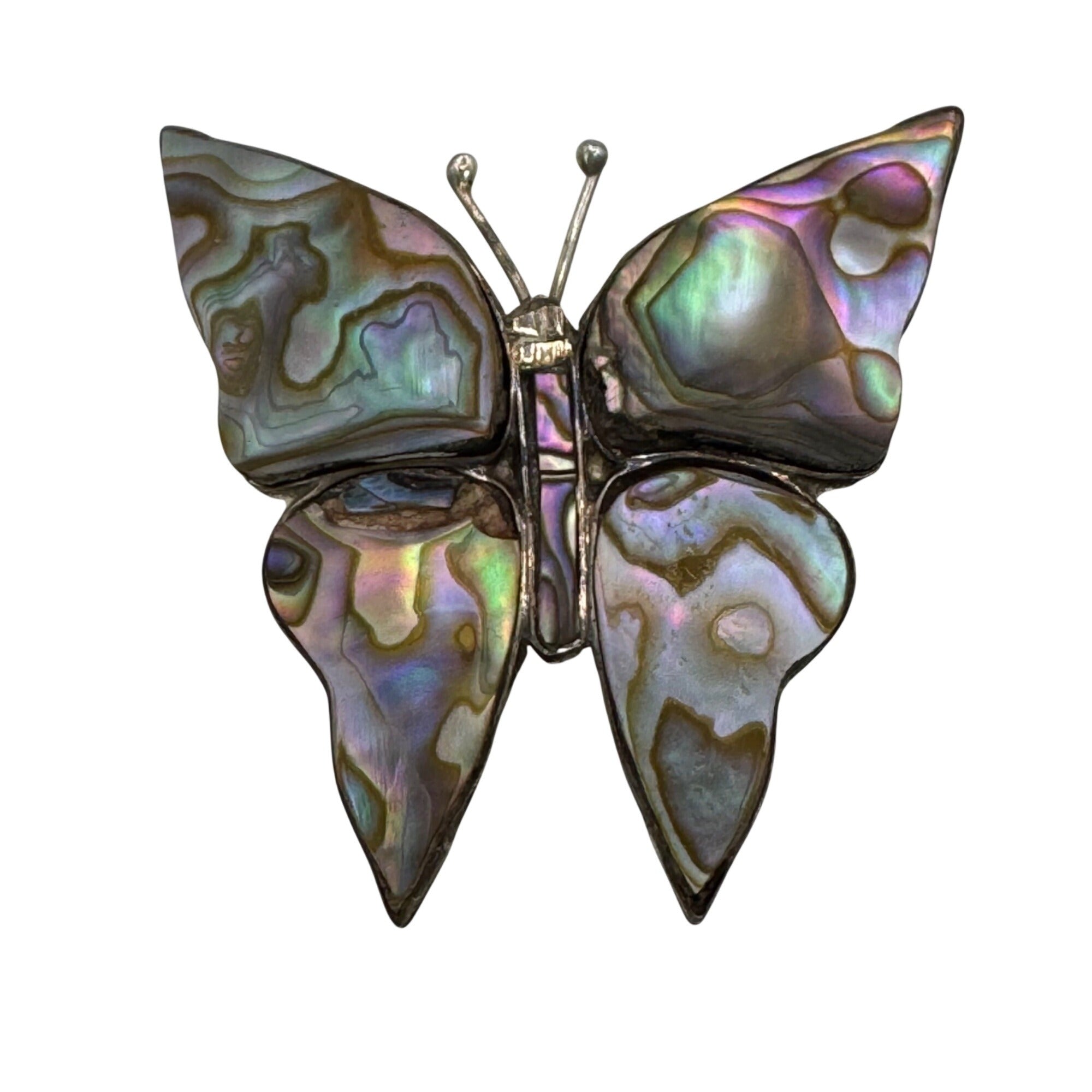 Vintage Mexican Sterling Silver Abalone Butterfly Brooch 2" Taxco Artisan