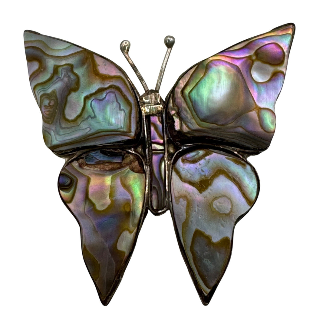 Vintage Mexican Sterling Silver Abalone Butterfly Brooch 2" Taxco Artisan