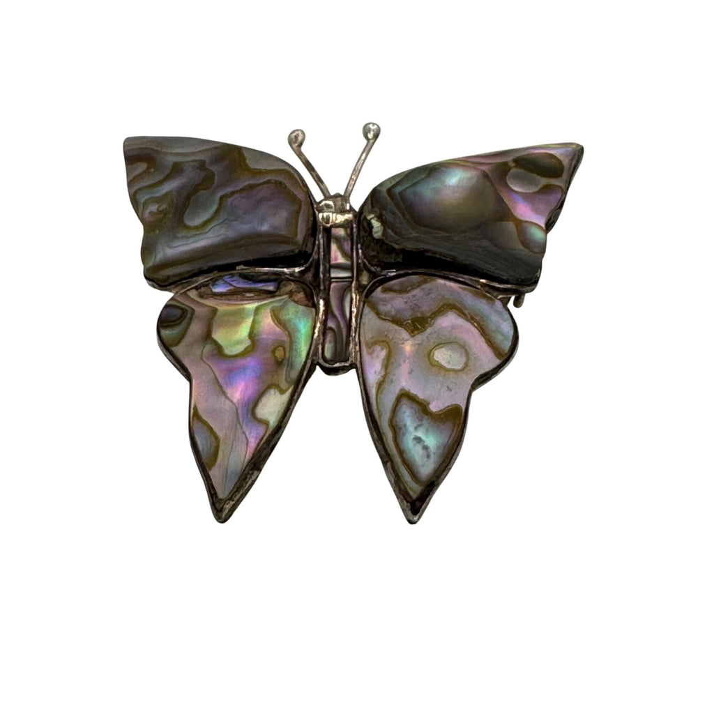 Vintage Mexican Sterling Silver Abalone Butterfly Brooch 2" Taxco Artisan