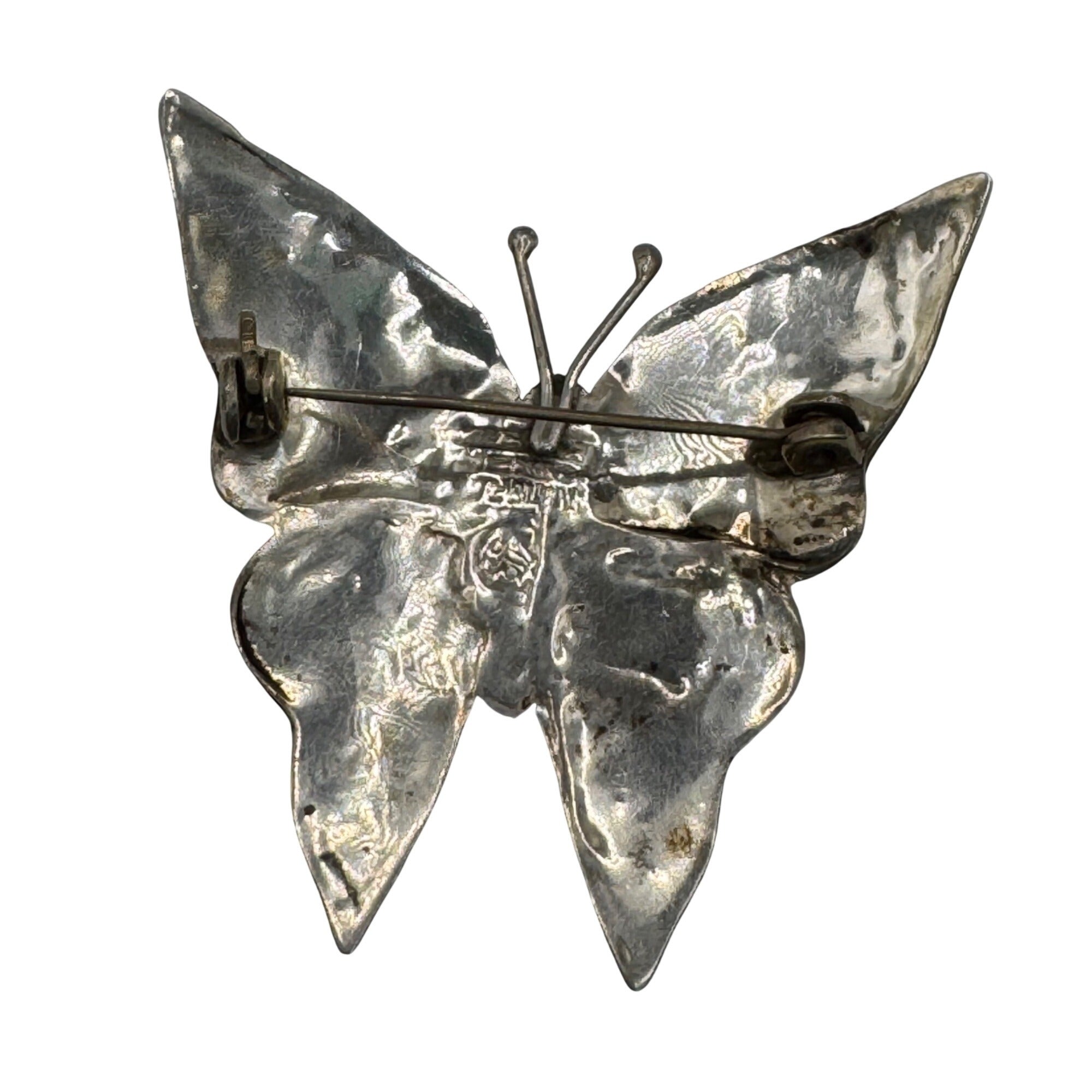 Vintage Mexican Sterling Silver Abalone Butterfly Brooch 2" Taxco Artisan