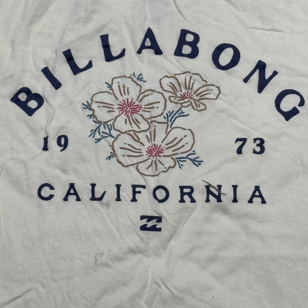 Billabong California Graphic T-Shirt Mens Large White Flowers Surf Short Sleeve